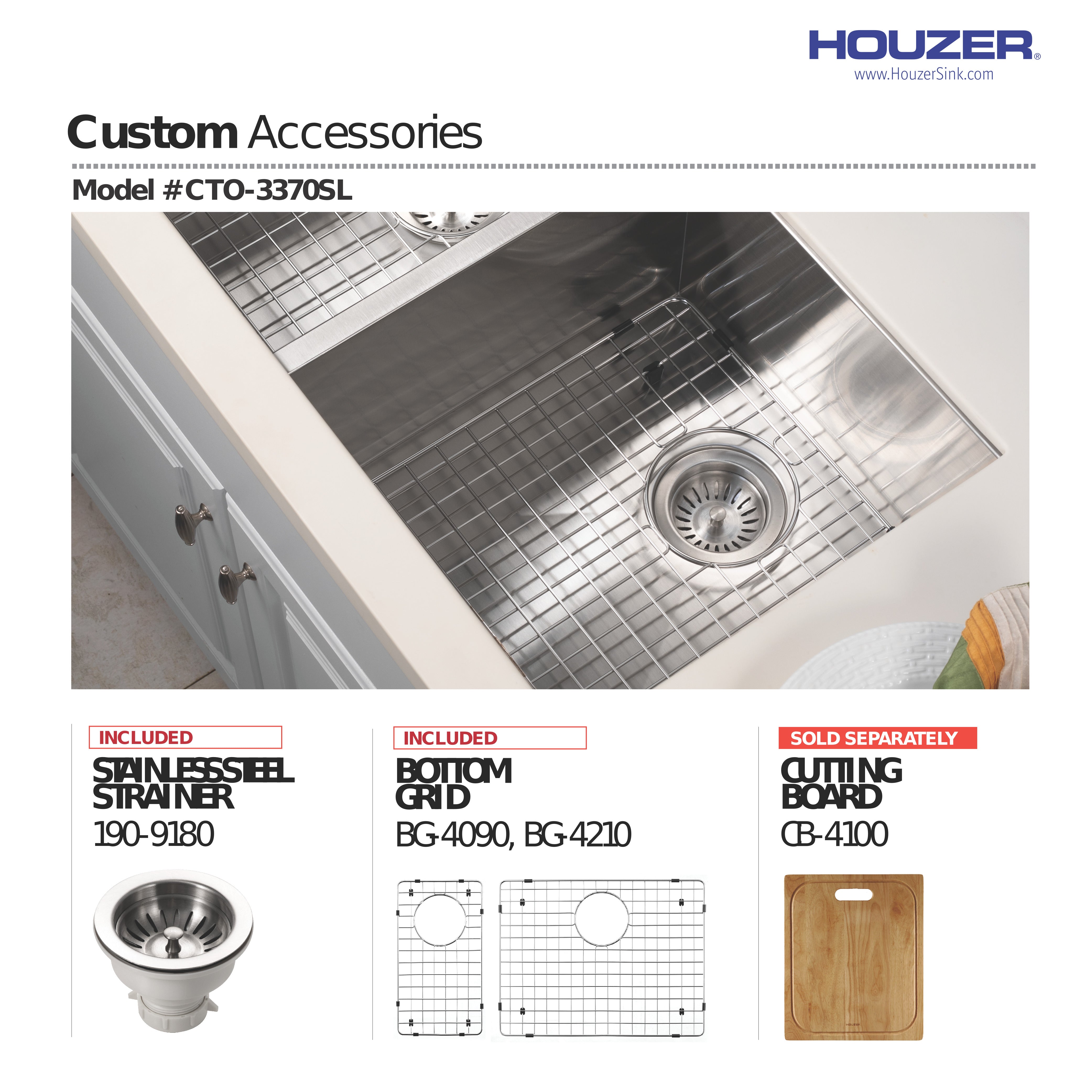 Houzer Contempo 33" Stainless Steel Undermount 70/30 Double Left Prep Bowl Kitchen Sink with Strainer & Grids