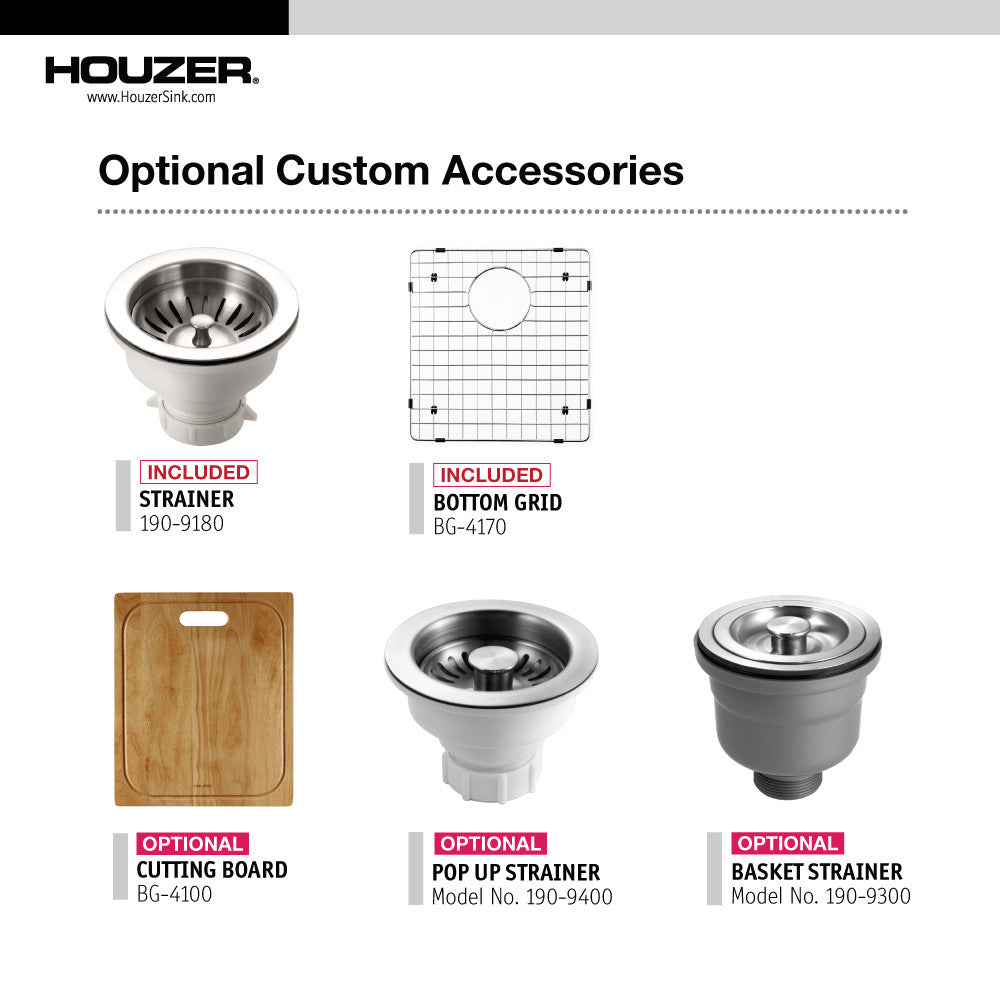 Houzer Contempo 17 inch Stainless Steel Undermount Single Bowl Bar Sink with Strainer & Grid - CTR-1700