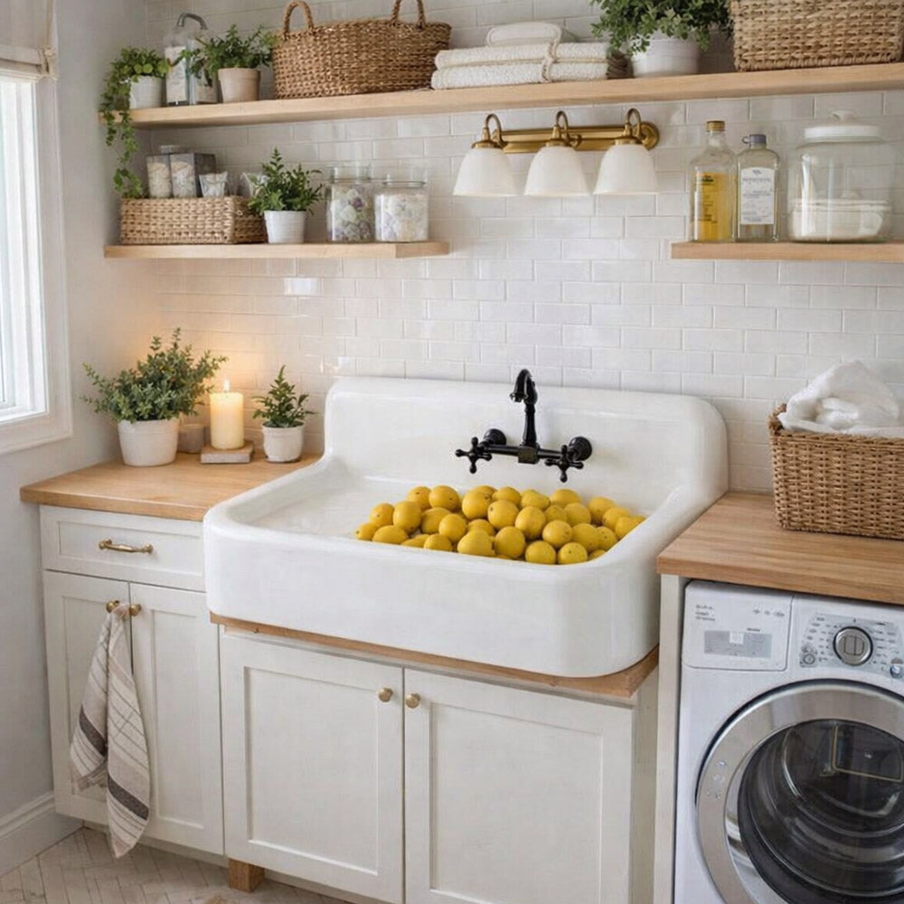 MAIDSTONE 42 Inch Cast Iron Farmhouse Sink With Drainboard - 8 Inch Faucet Drillings - White