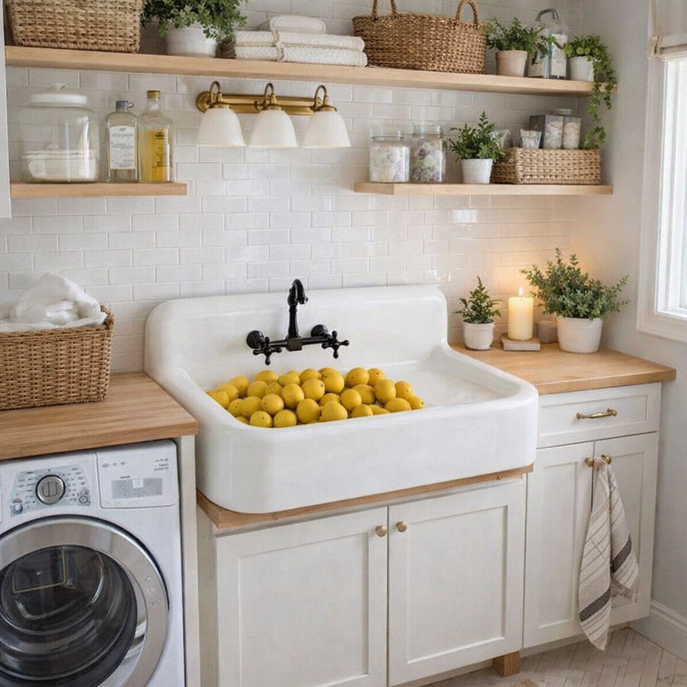 MAIDSTONE 42 Inch Cast Iron Farmhouse Sink With Drainboard - 8 Inch Faucet Drillings - White
