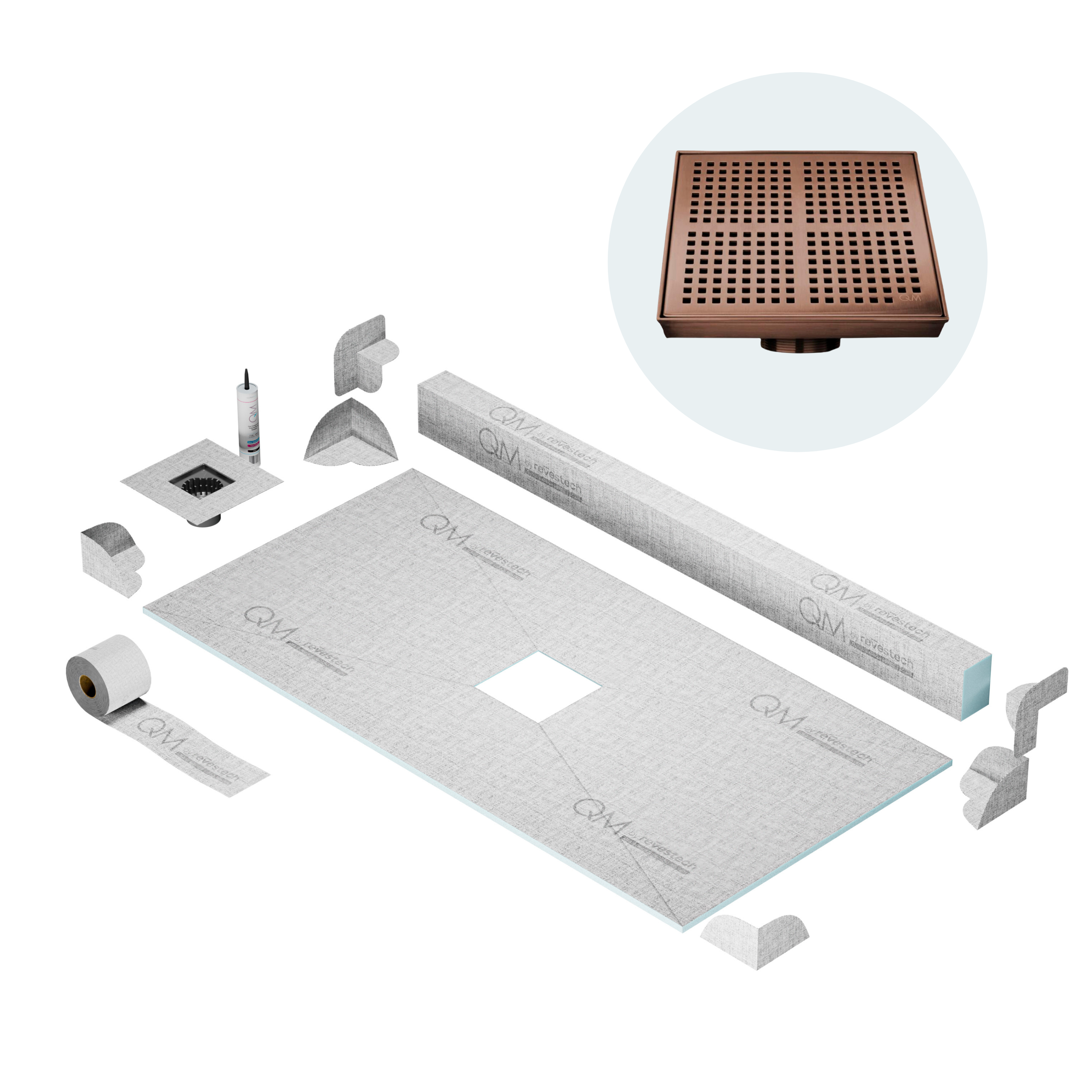 Curbless Kai Center Shower Pan Kit Square Drain