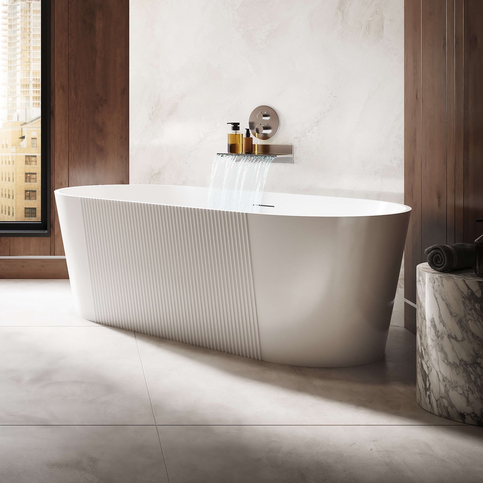 MAIDSTONE | DXV Elowen 67 Inch Acrylic Partial Fluted Double Ended Freestanding Tub