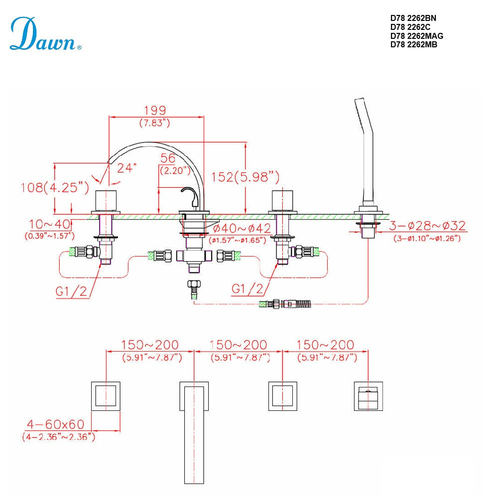 Dawn 4 Hole Tub Filler, Personal Handshower, Square Handles, Sheetflow Spout D78 2262