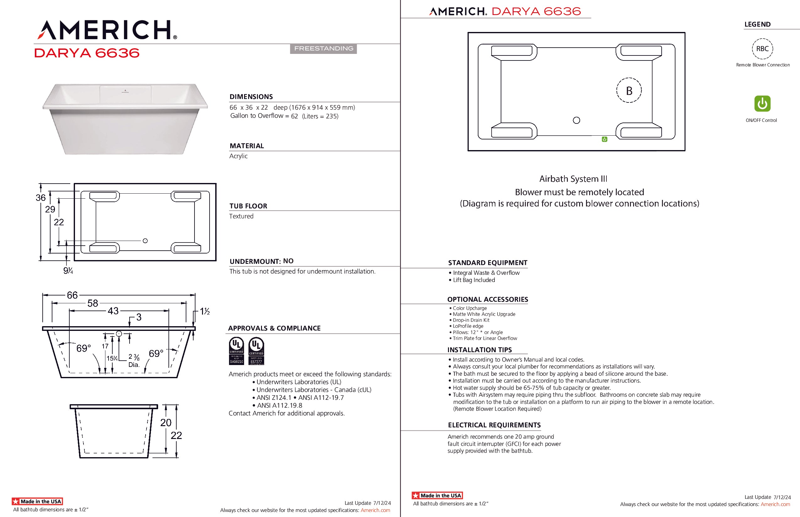 Americh Darya 6636 - Tub Only Freestanding Bathtub DY6636T-WH