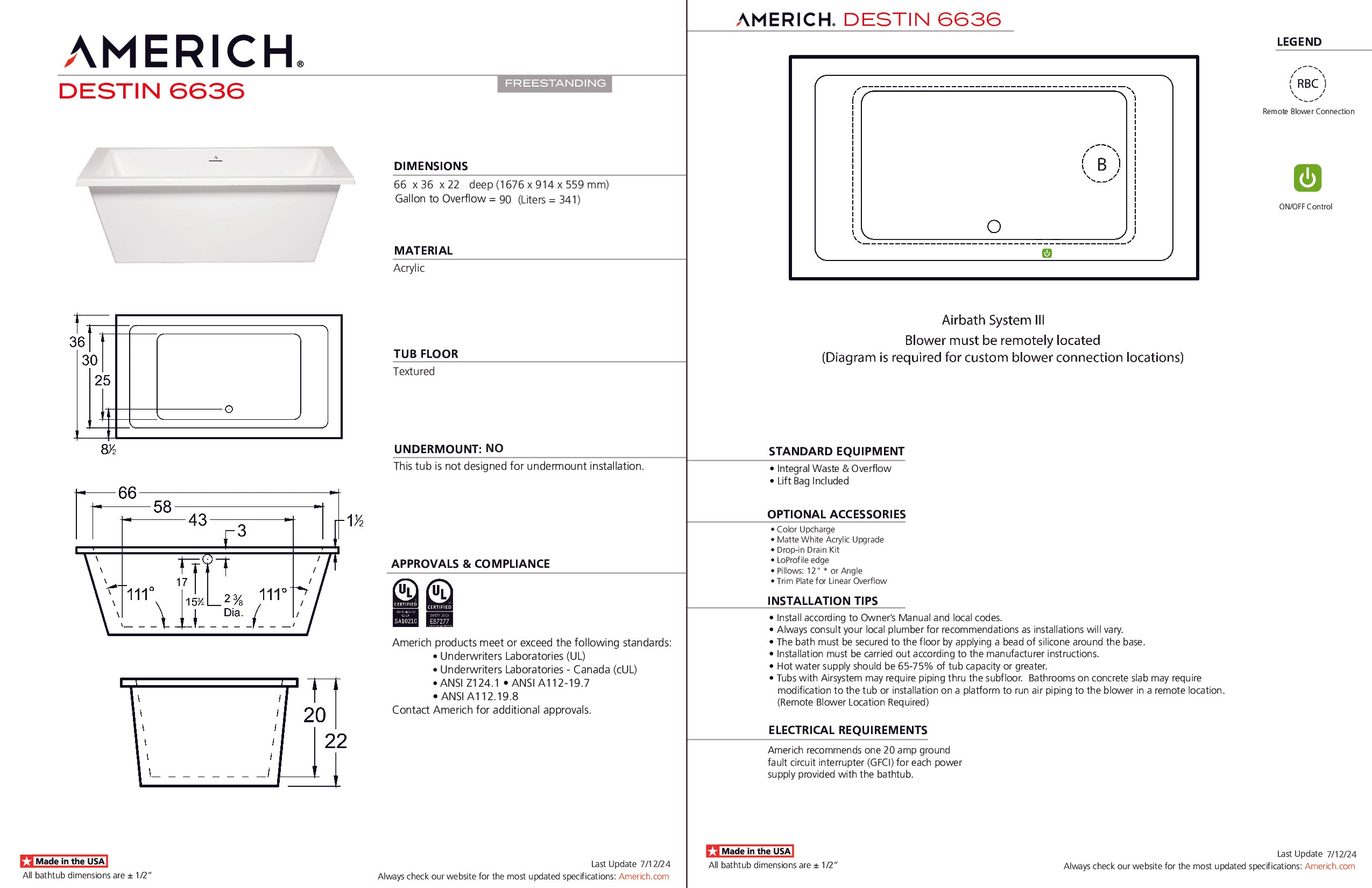 Americh Destin 6636 - Tub Only Freestanding Bathtub DN6636T-WH