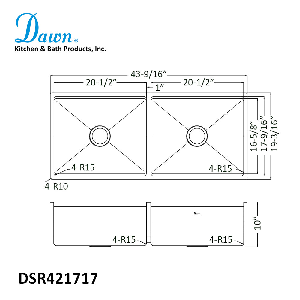 Dawn Undermount Double Bowls Kitchen Sink DSR421717 42"
