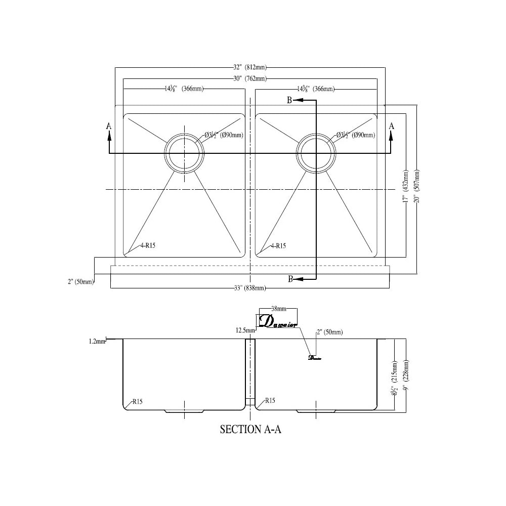 Daweier Undermount Double Bowl Apron Sink EAF331717