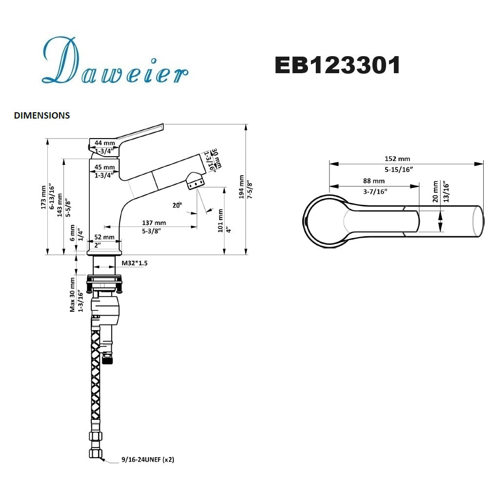 Daweier Single-Lever Lavatory Faucet with Pull Out Dual Function Faucet Sprayer EB123301BN