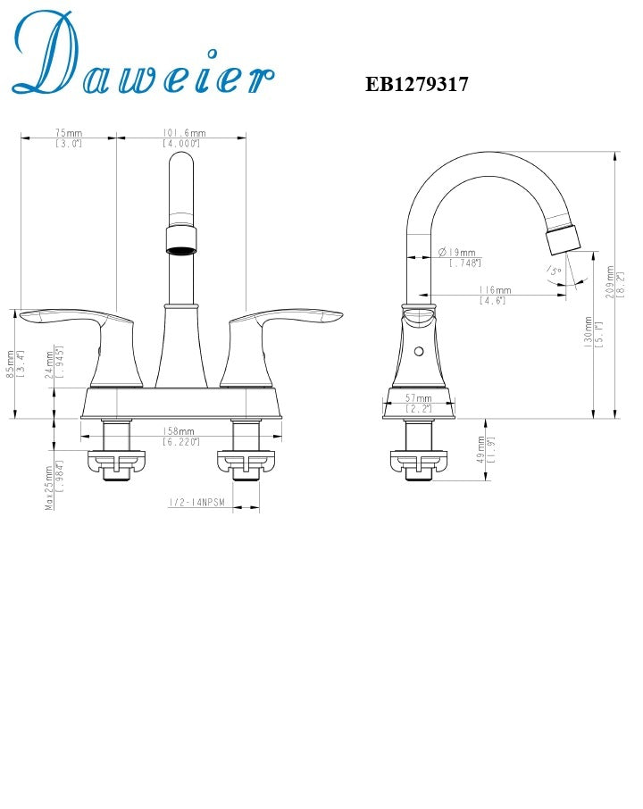 Daweier 4" Centerset Lavatory Faucet with Lever Handles EB1279317C