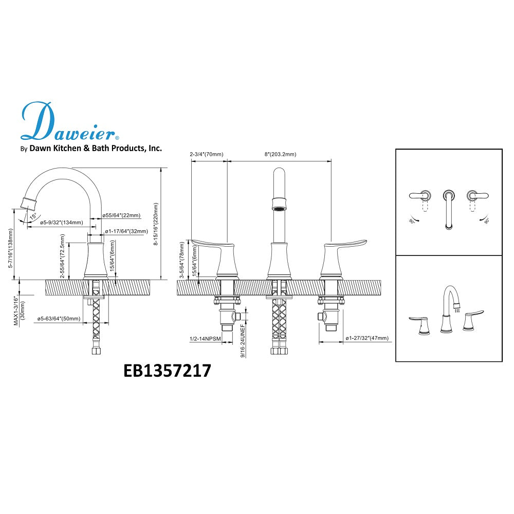 Daweier 8" Widespread Lavatory Faucet with Lever Handles EB1357217C