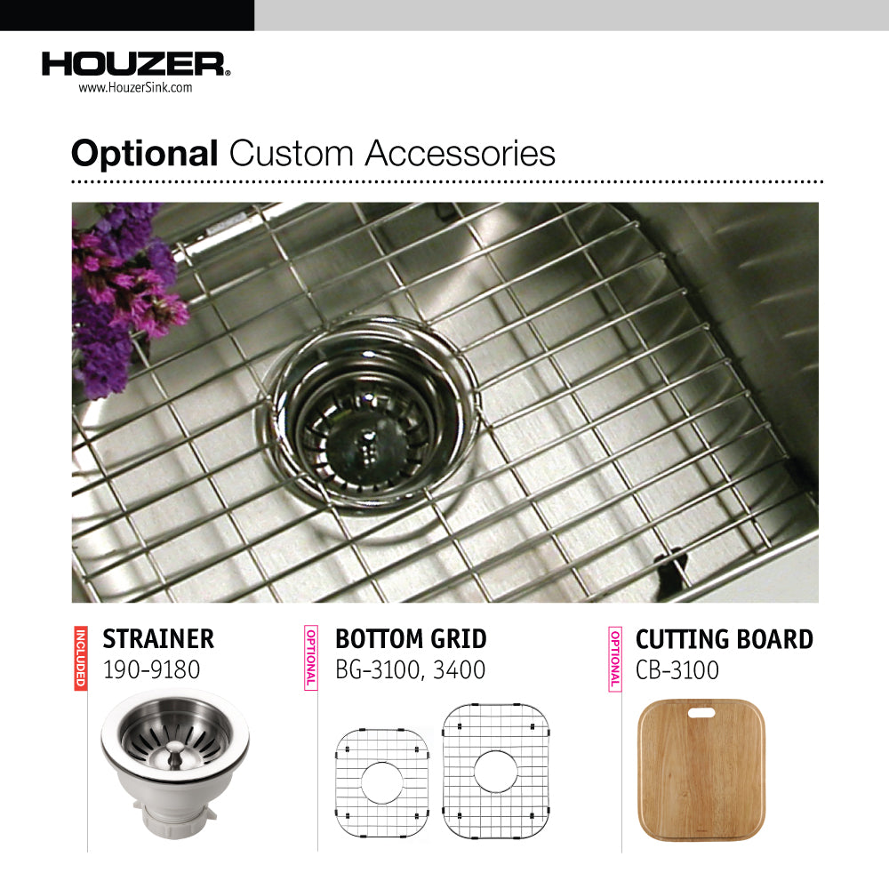 Houzer Elite 32" Stainless Steel Undermount 60/40 Double Small Left Bowl Kitchen Sink with Strainer