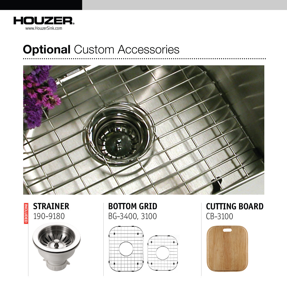 Houzer Elite 32" Stainless Steel Undermount 60/40 Double Small Right Bowl Kitchen Sink with Strainer