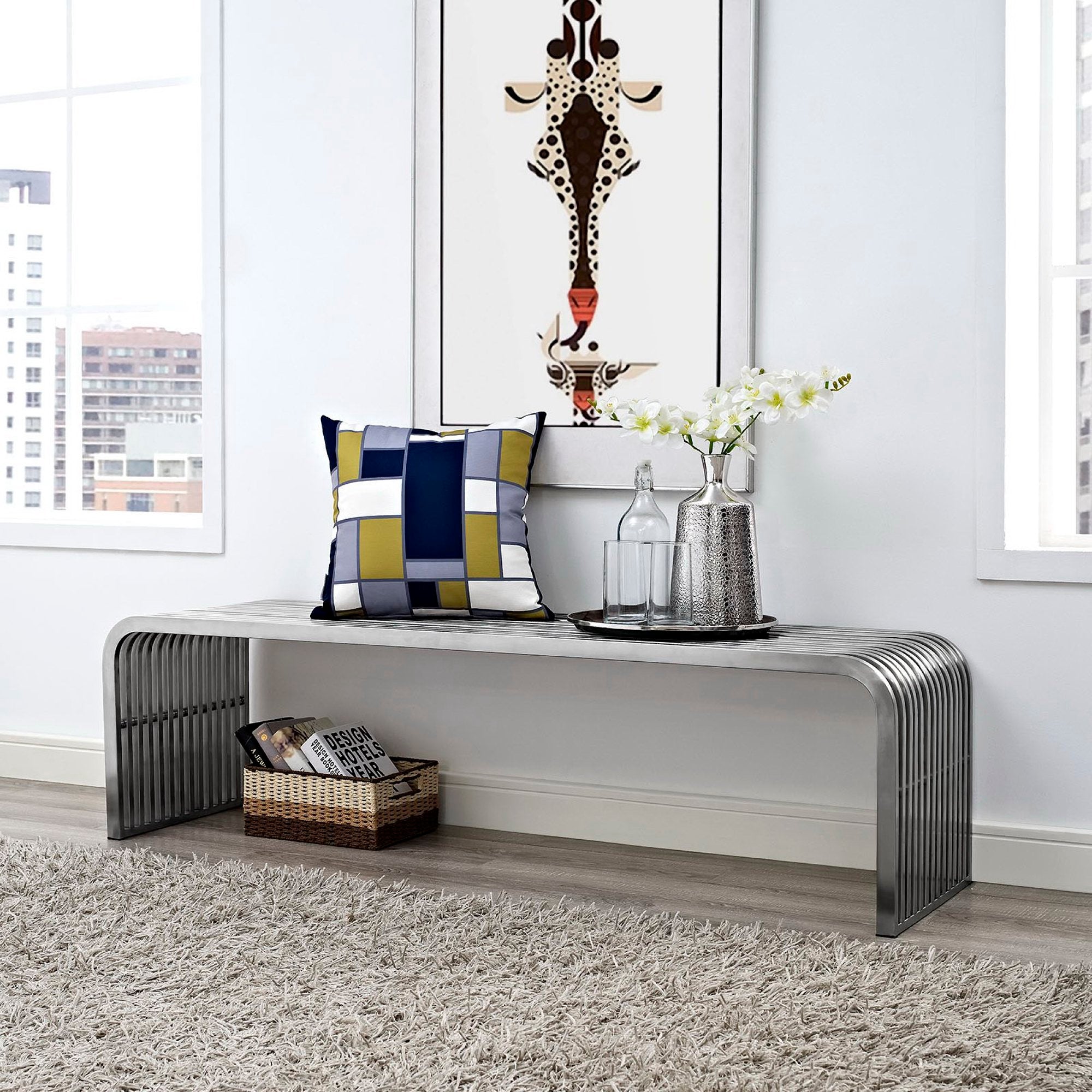 Modway Pipe 60" Stainless Steel Bench