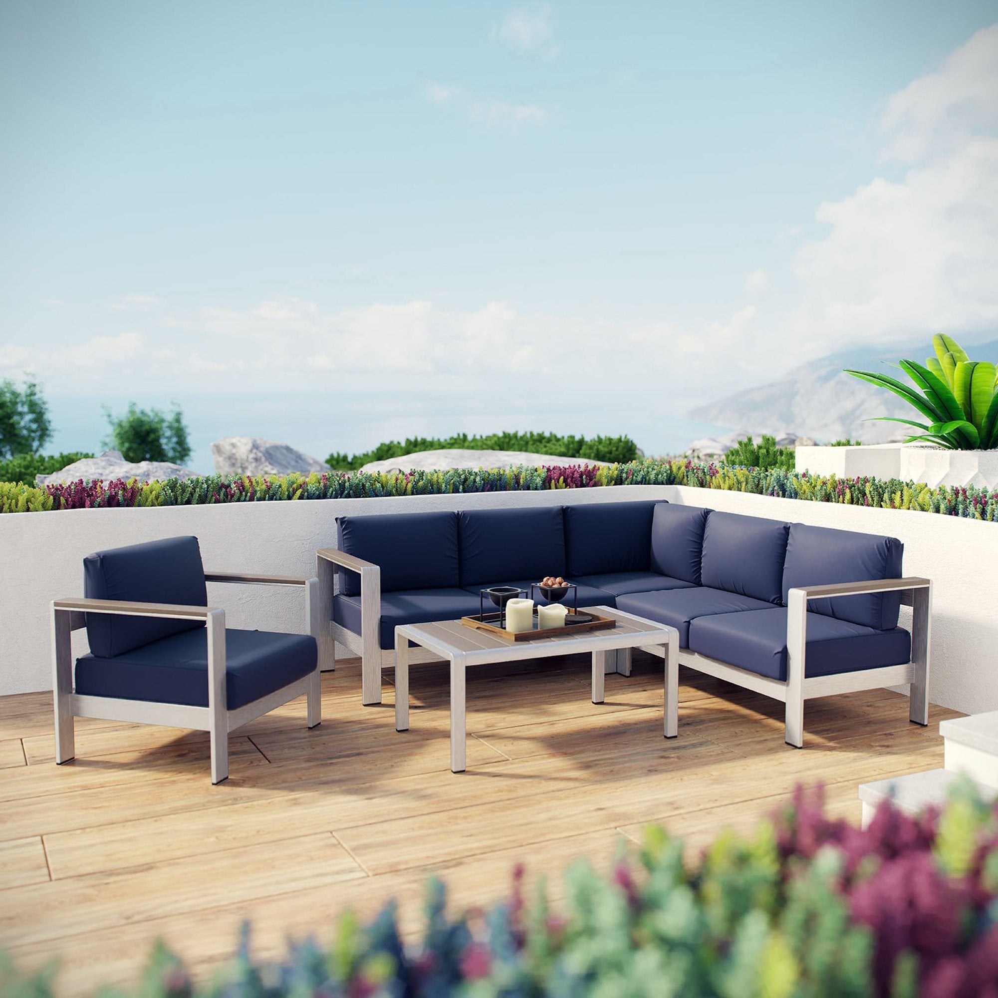 Modway Shore 5 Piece Outdoor Patio Aluminum Sectional Sofa Set