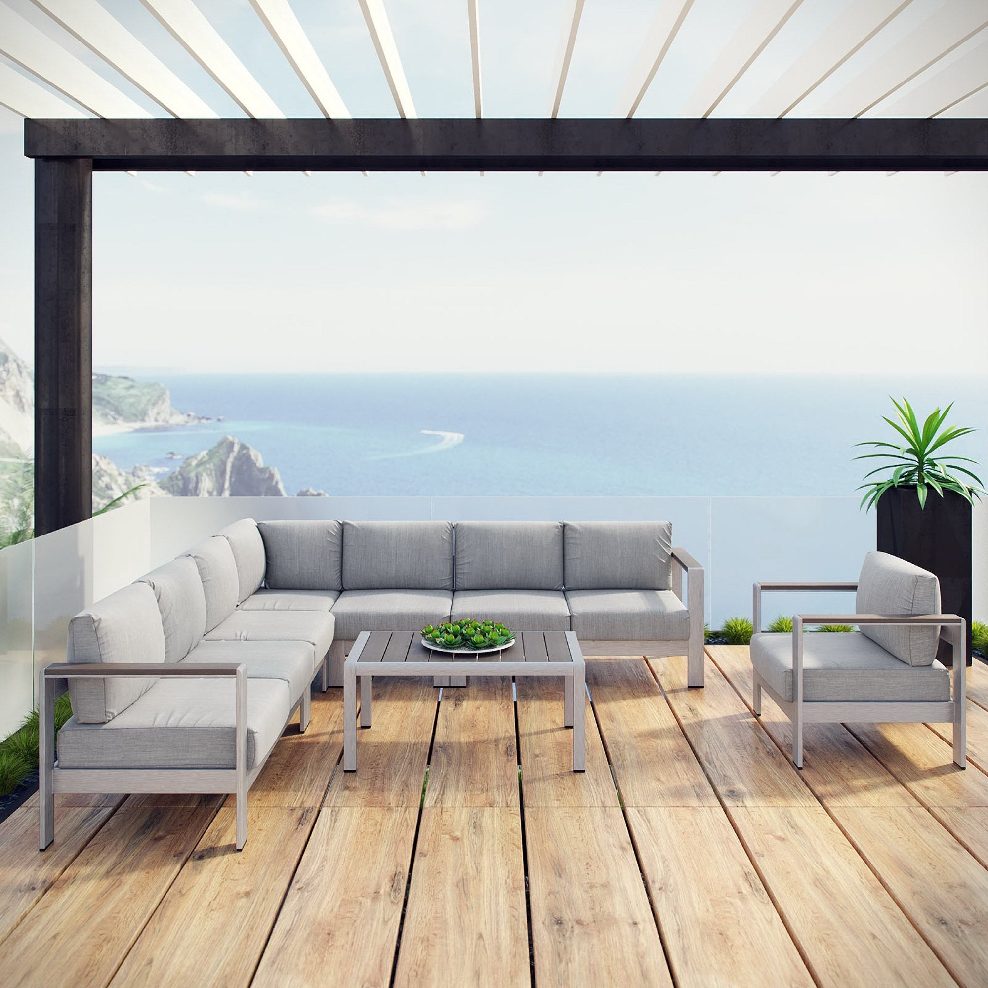 Modway Shore 7 Piece Outdoor Patio Aluminum Sectional Sofa Set