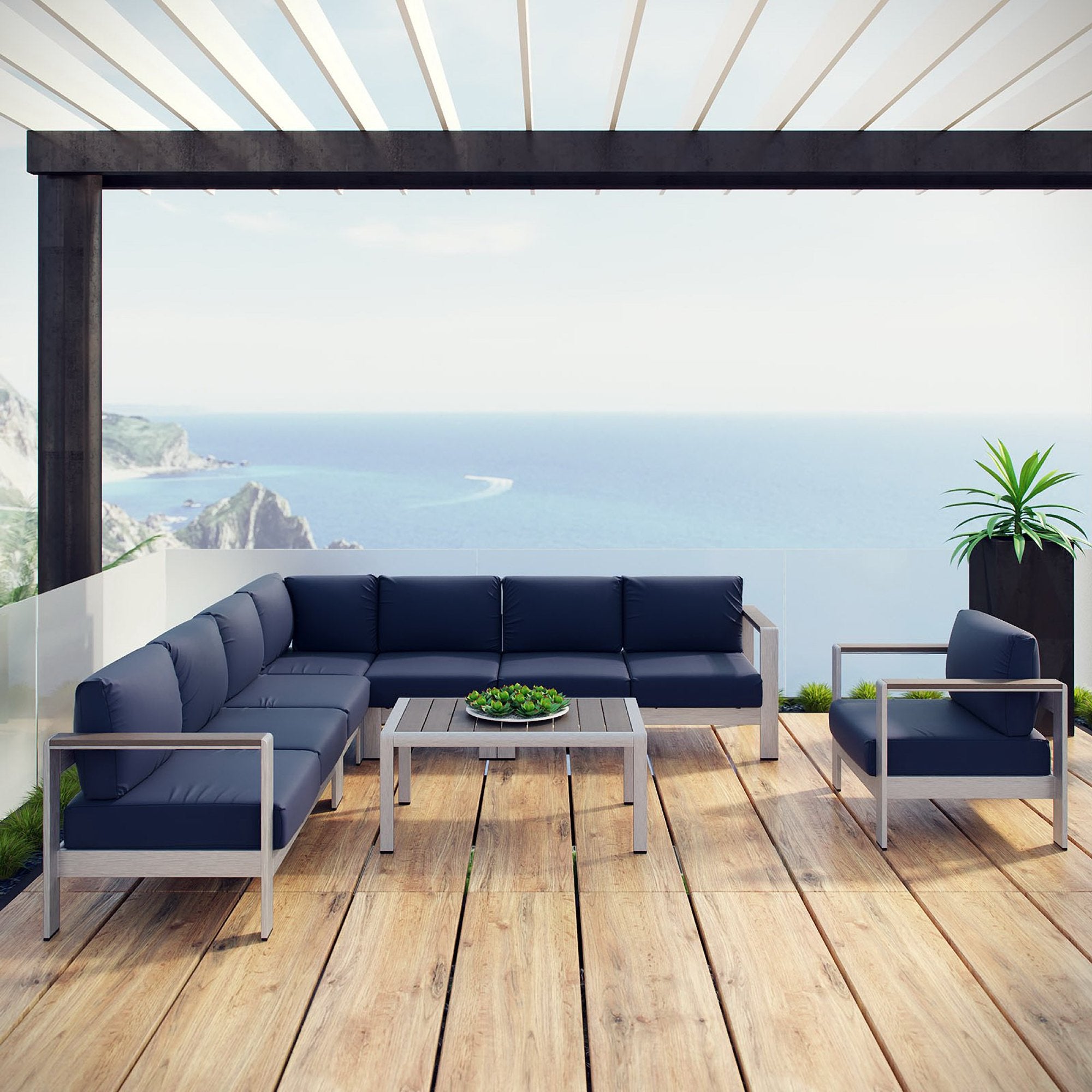 Modway Shore 7 Piece Outdoor Patio Aluminum Sectional Sofa Set