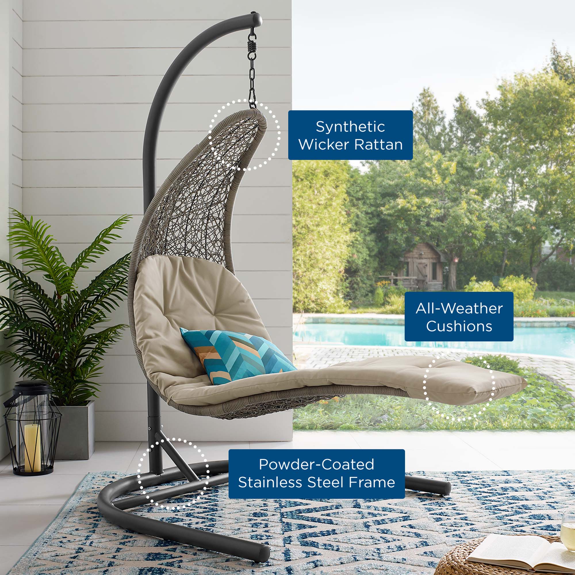 Modway Landscape Hanging Chaise Lounge Outdoor Patio Swing Chair