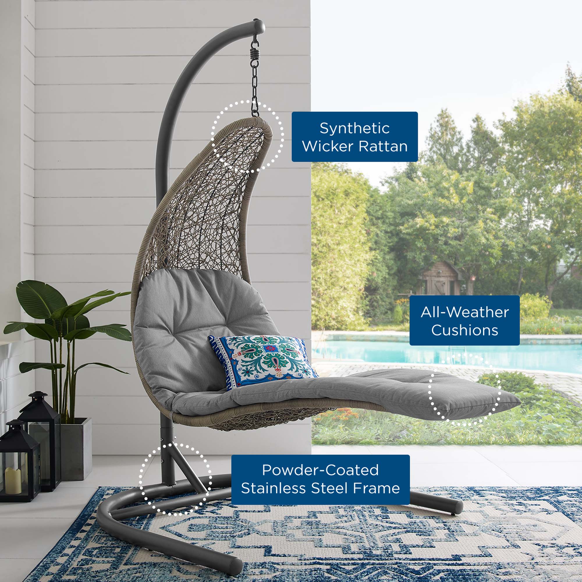Modway Landscape Hanging Chaise Lounge Outdoor Patio Swing Chair