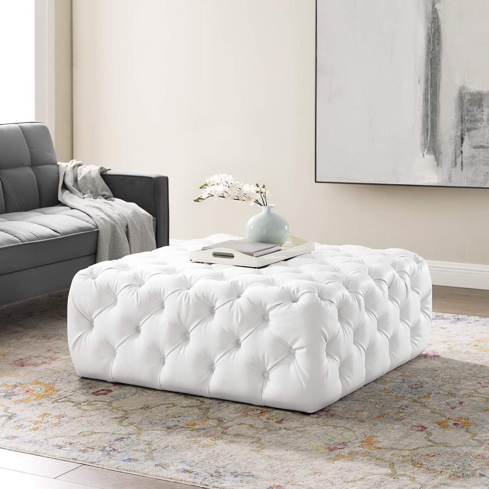 Modway Amour Tufted Button Large Square Faux Leather Ottoman