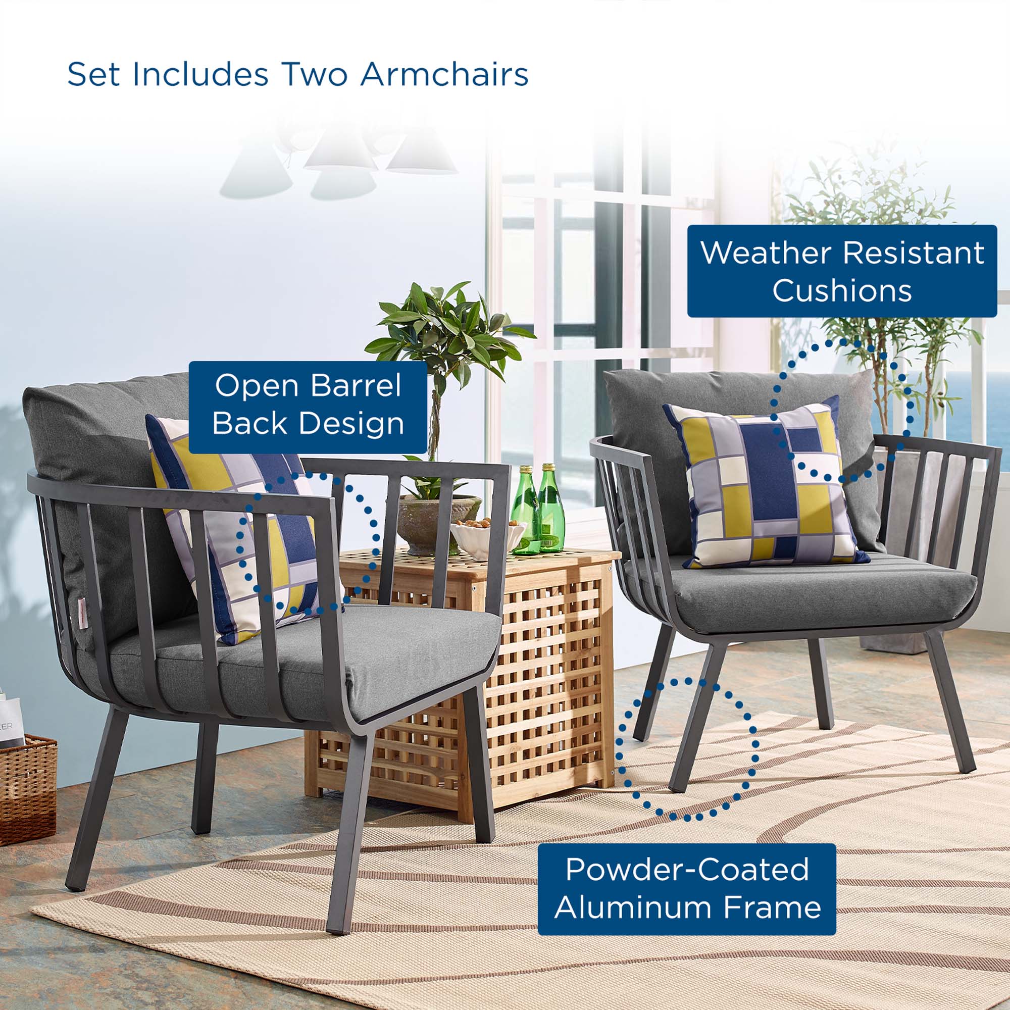 Modway Riverside Outdoor Patio Aluminum Armchair Set of 2