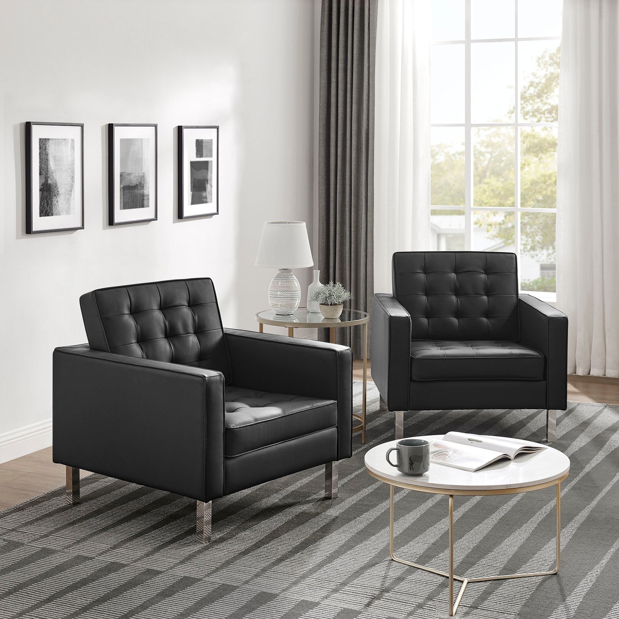 Modway Loft Tufted Vegan Leather Armchairs Set of 2