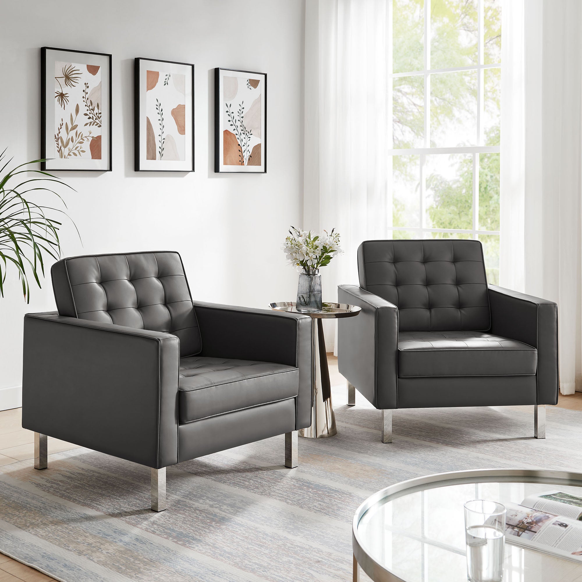 Modway Loft Tufted Vegan Leather Armchairs Set of 2