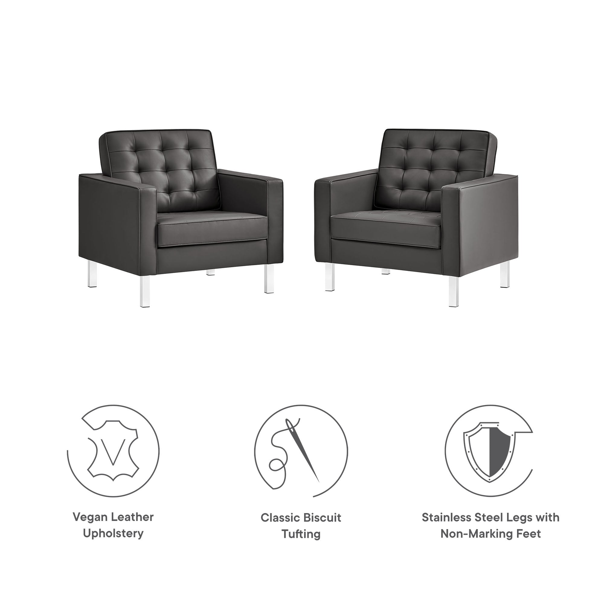 Modway Loft Tufted Vegan Leather Armchairs Set of 2