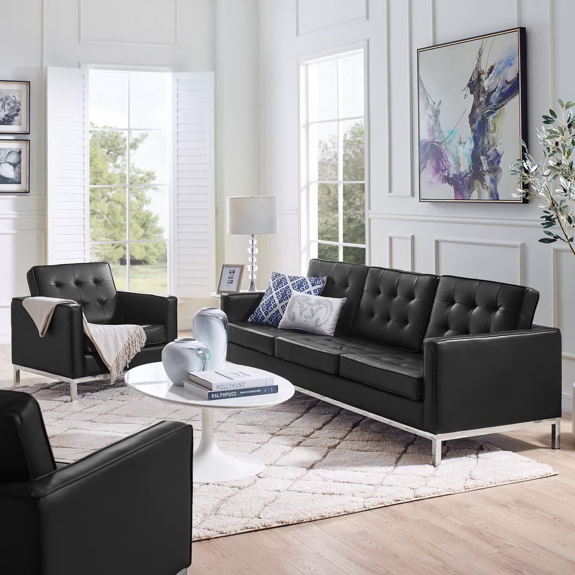 Modway Loft Tufted Upholstered Faux Leather Sofa and Armchair Set