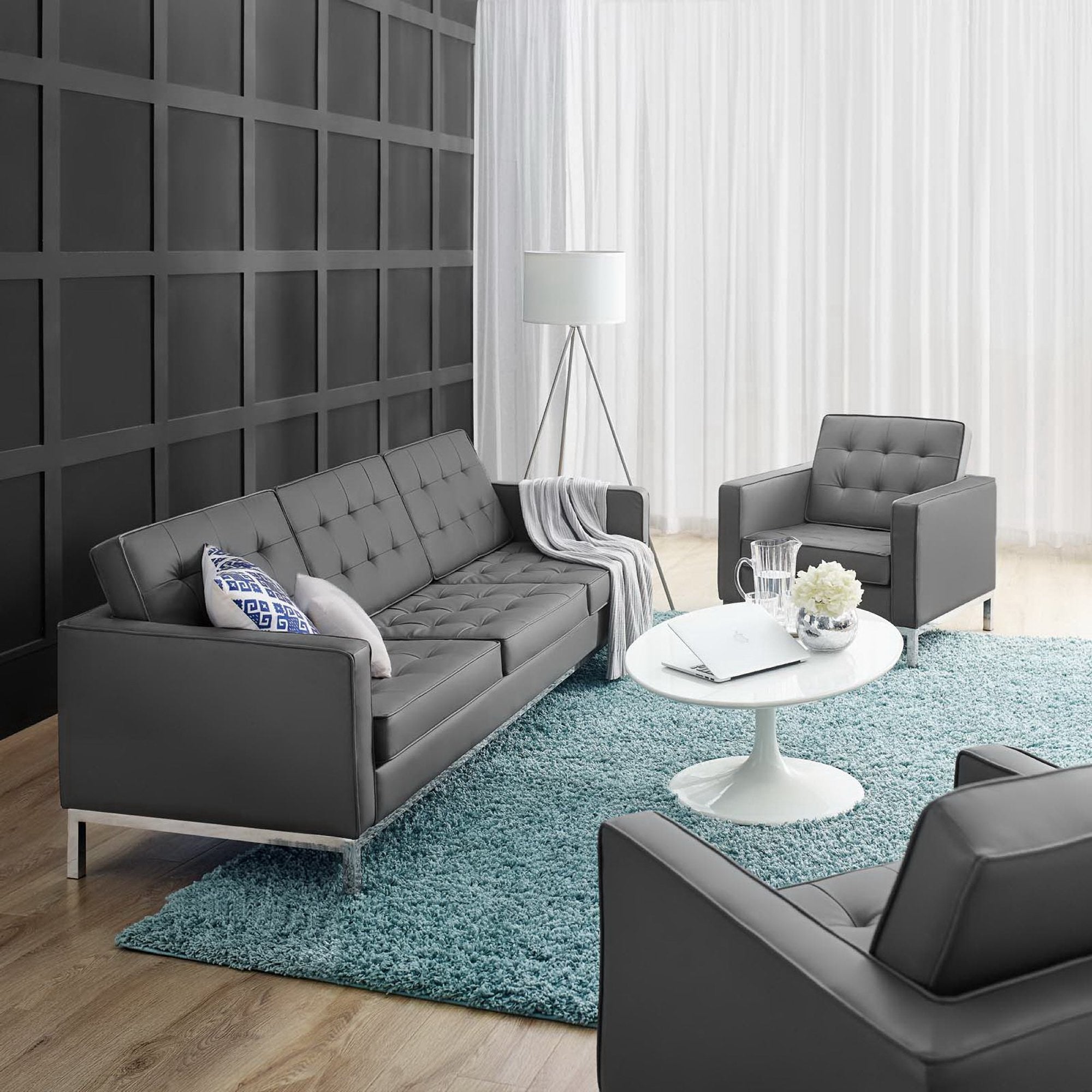 Modway Loft Tufted Upholstered Faux Leather Sofa and Armchair Set