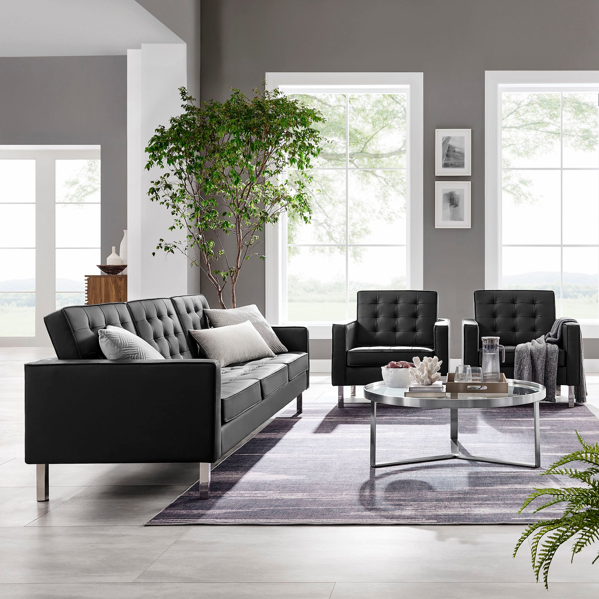 Modway Loft 3-Piece Tufted Vegan Leather Furniture Set