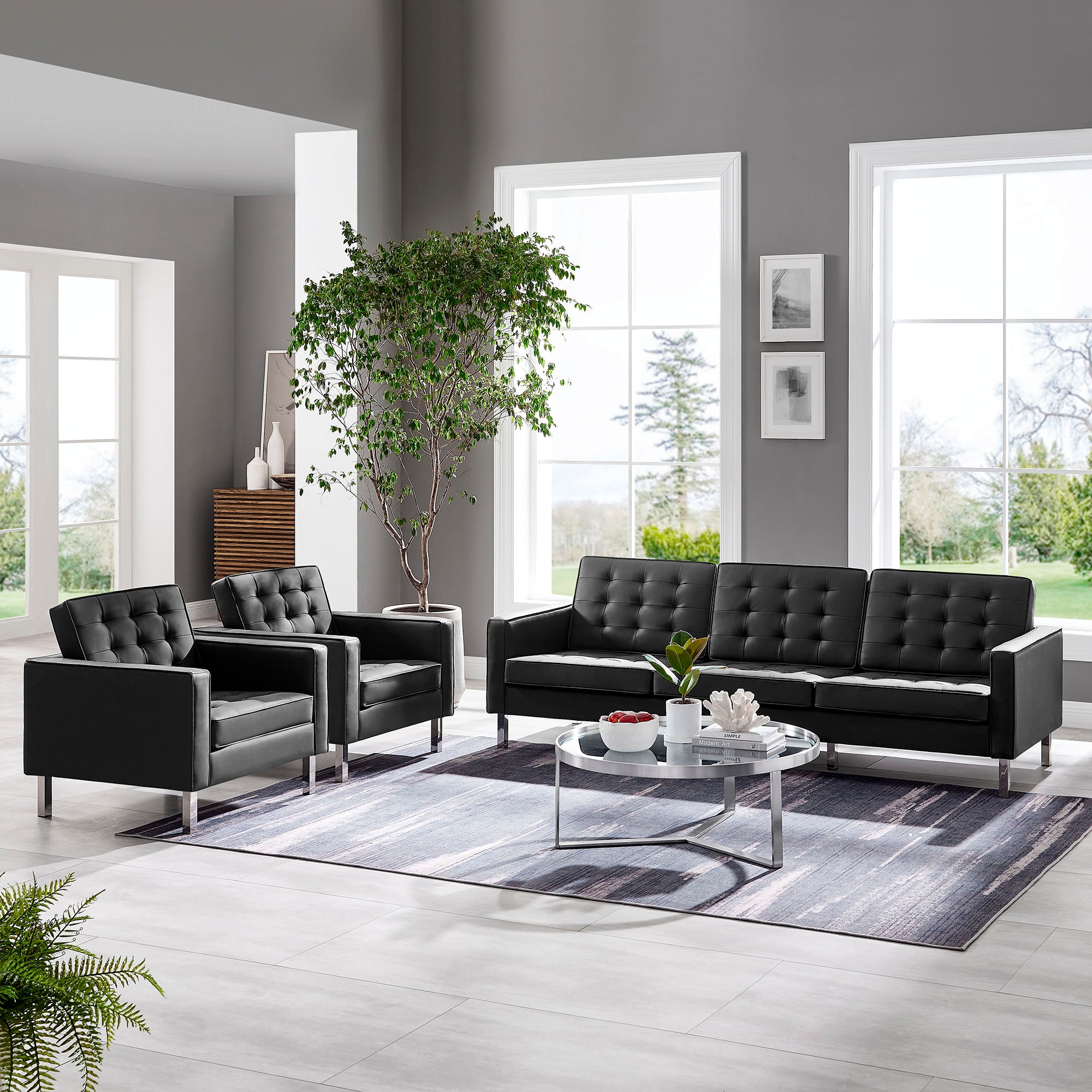 Modway Loft 3-Piece Tufted Vegan Leather Furniture Set