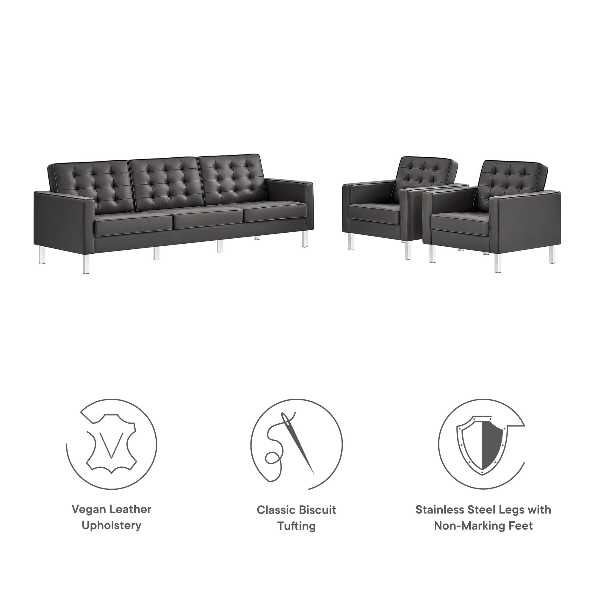 Modway Loft 3-Piece Tufted Vegan Leather Furniture Set