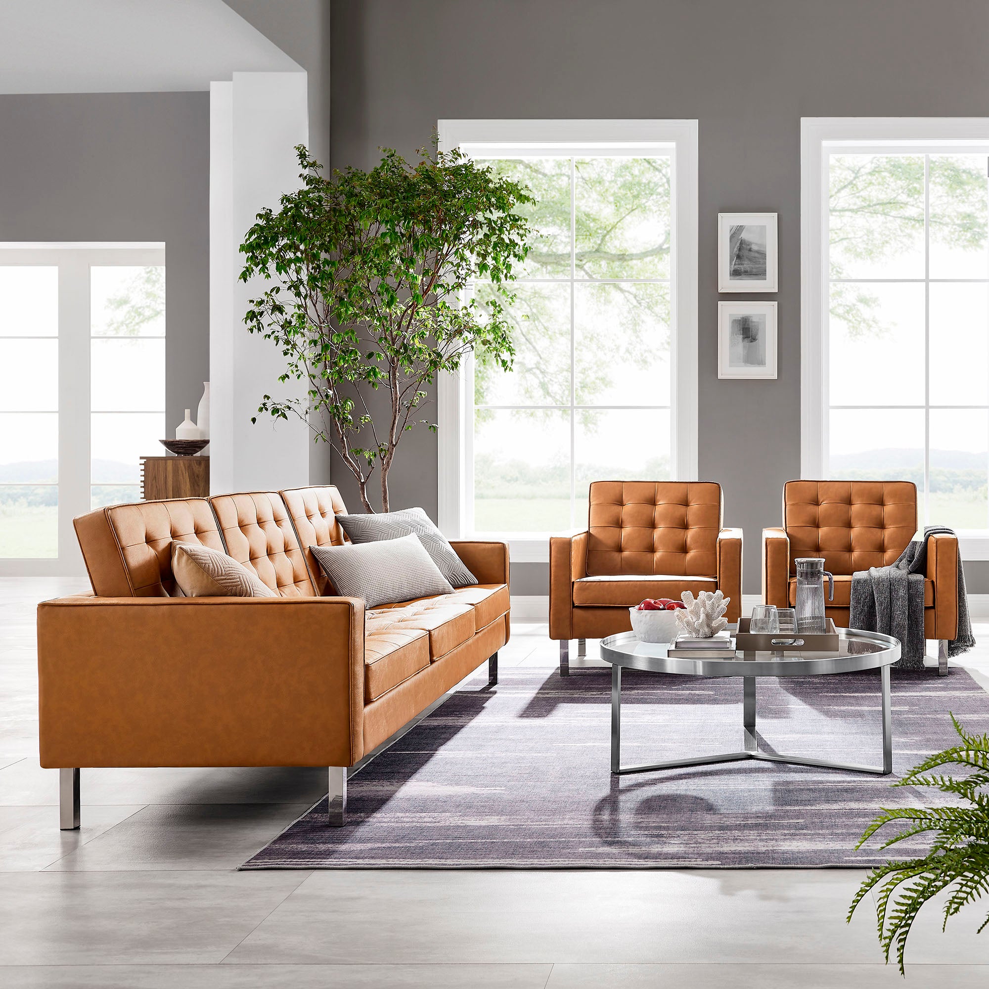 Modway Loft 3-Piece Tufted Vegan Leather Furniture Set