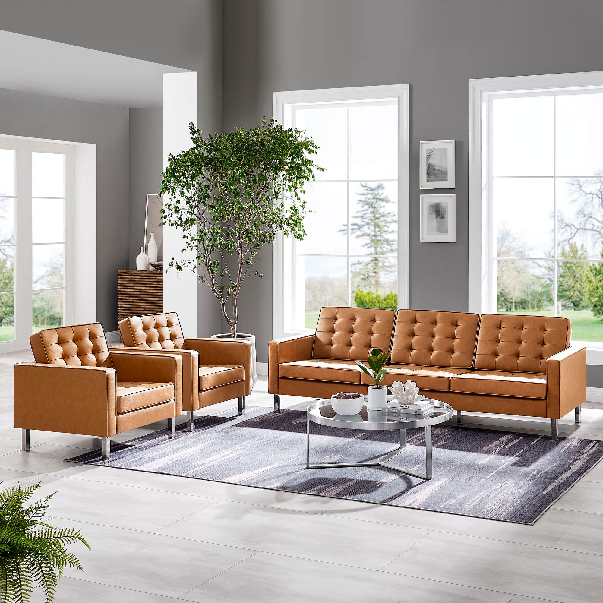 Modway Loft 3-Piece Tufted Vegan Leather Furniture Set