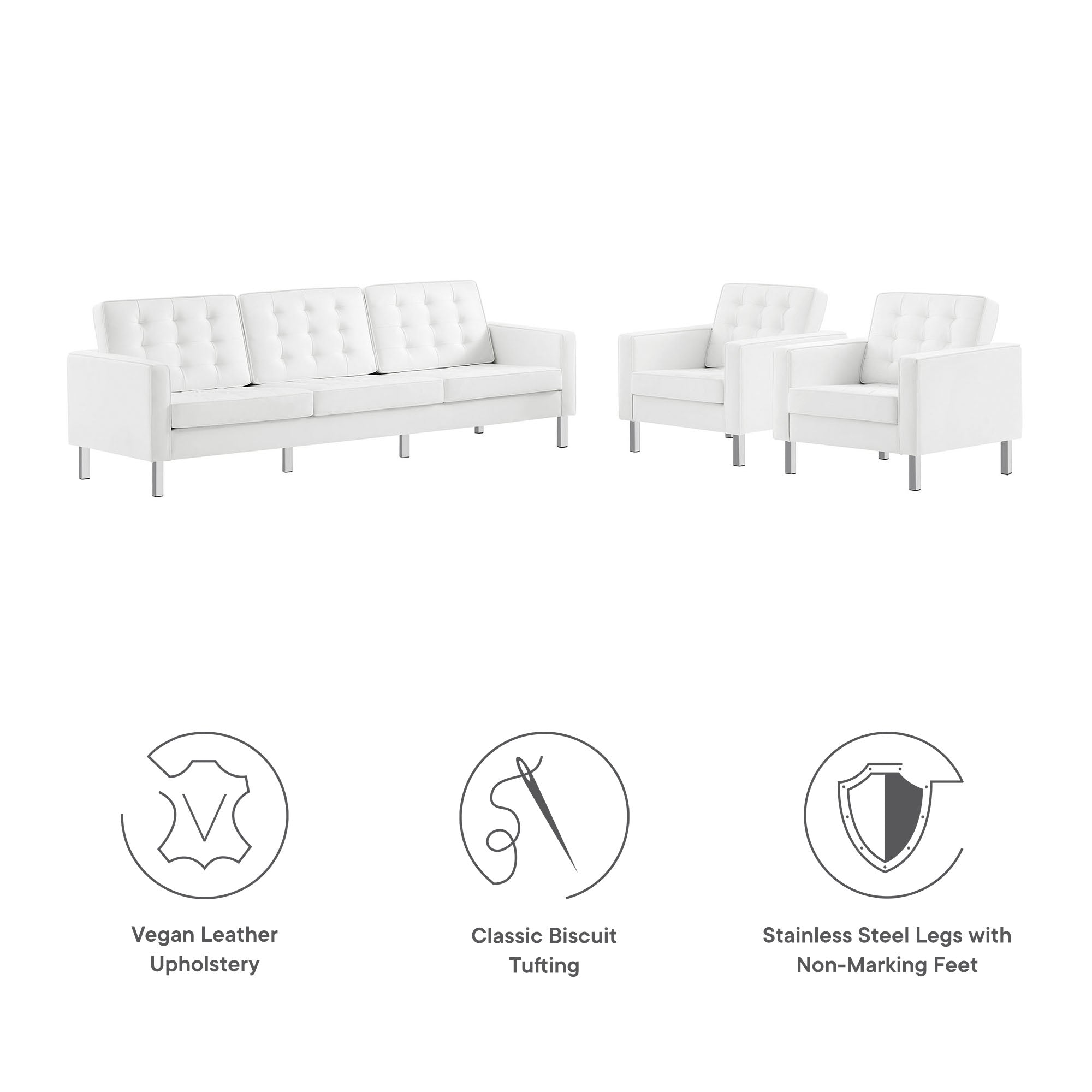 Modway Loft 3-Piece Tufted Vegan Leather Furniture Set
