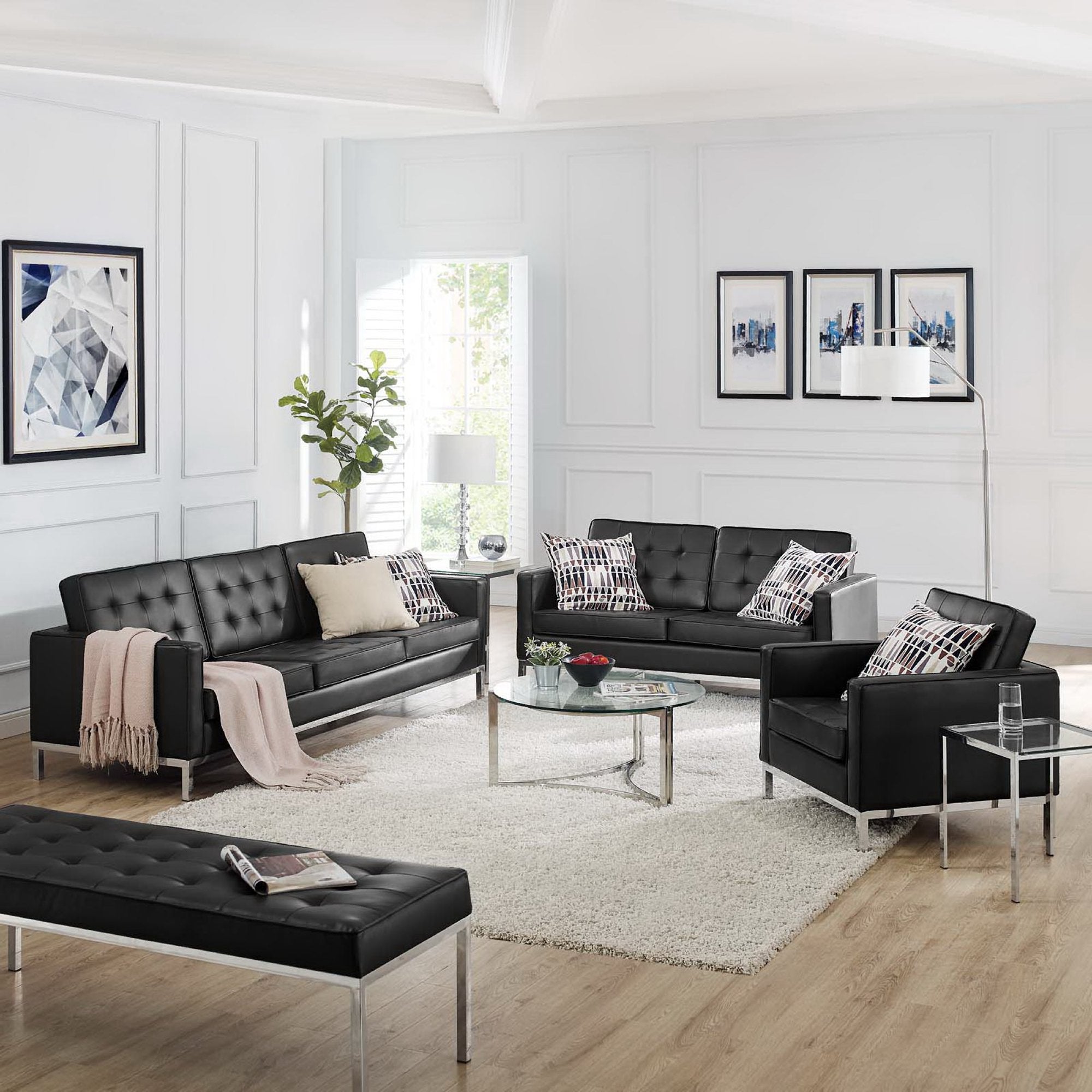 Modway Loft 3 Piece Tufted Upholstered Faux Leather Set