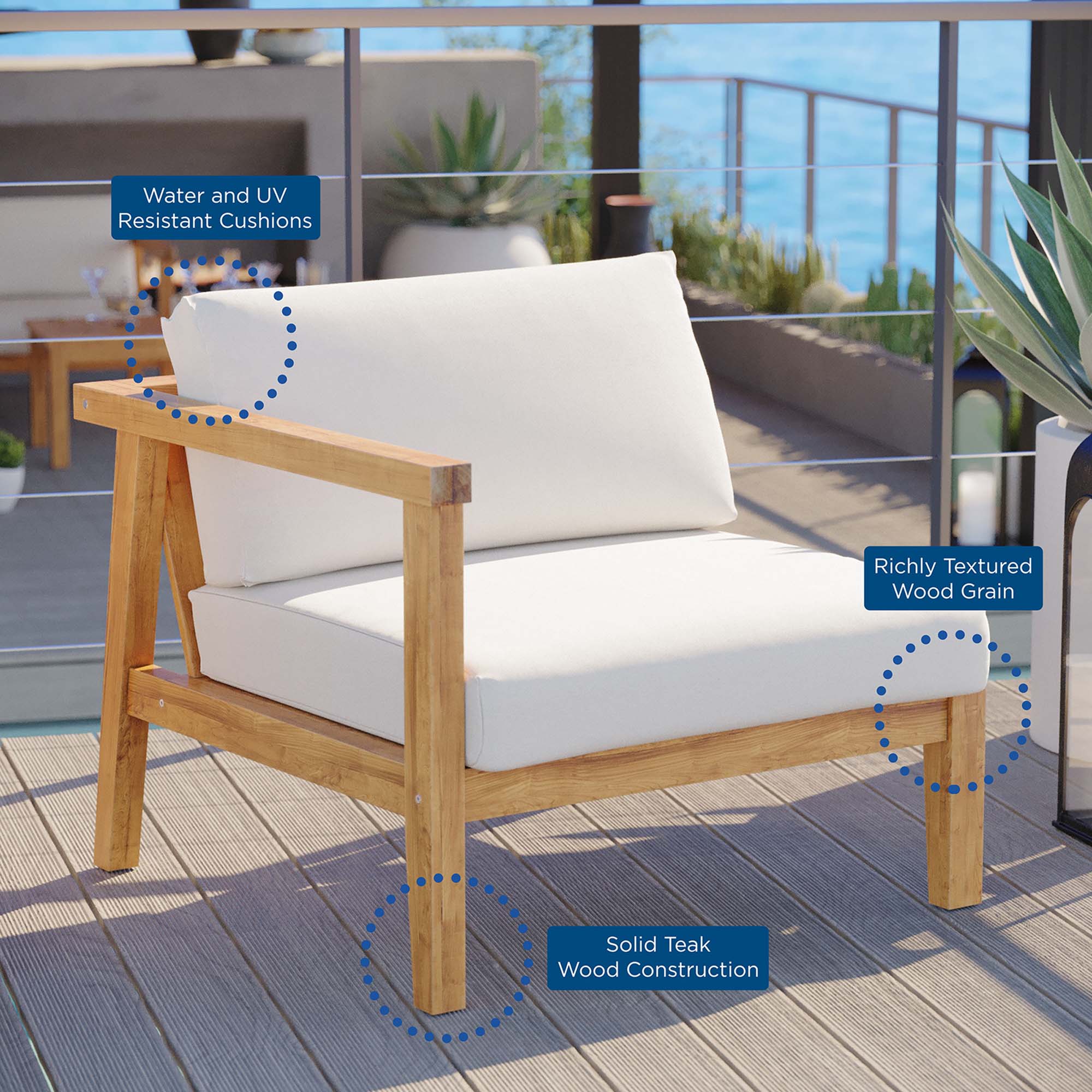 Modway Bayport Outdoor Patio Teak Wood Left-Arm Chair