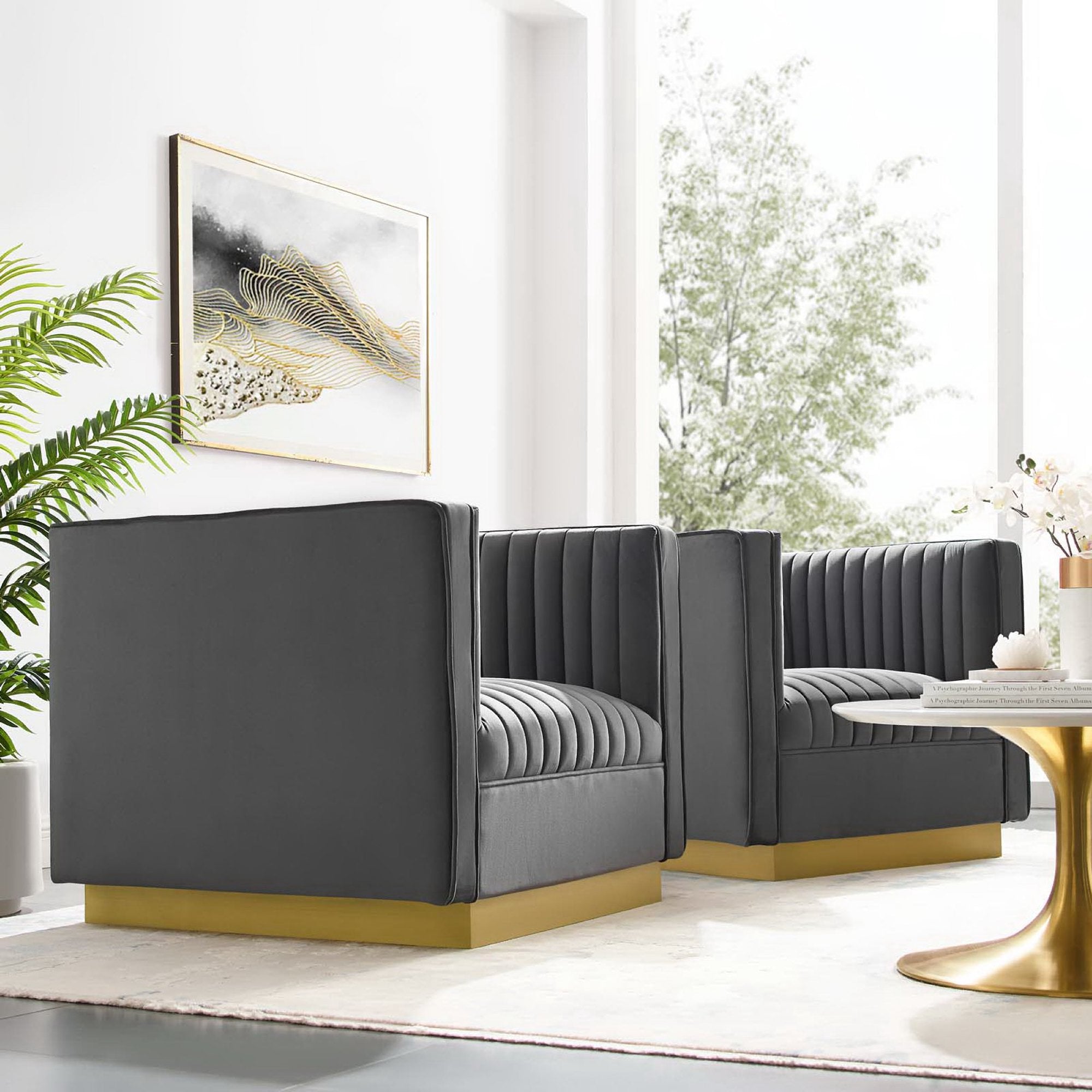 Modway Sanguine Vertical Channel Tufted Upholstered Performance Velvet Armchair Set of 2