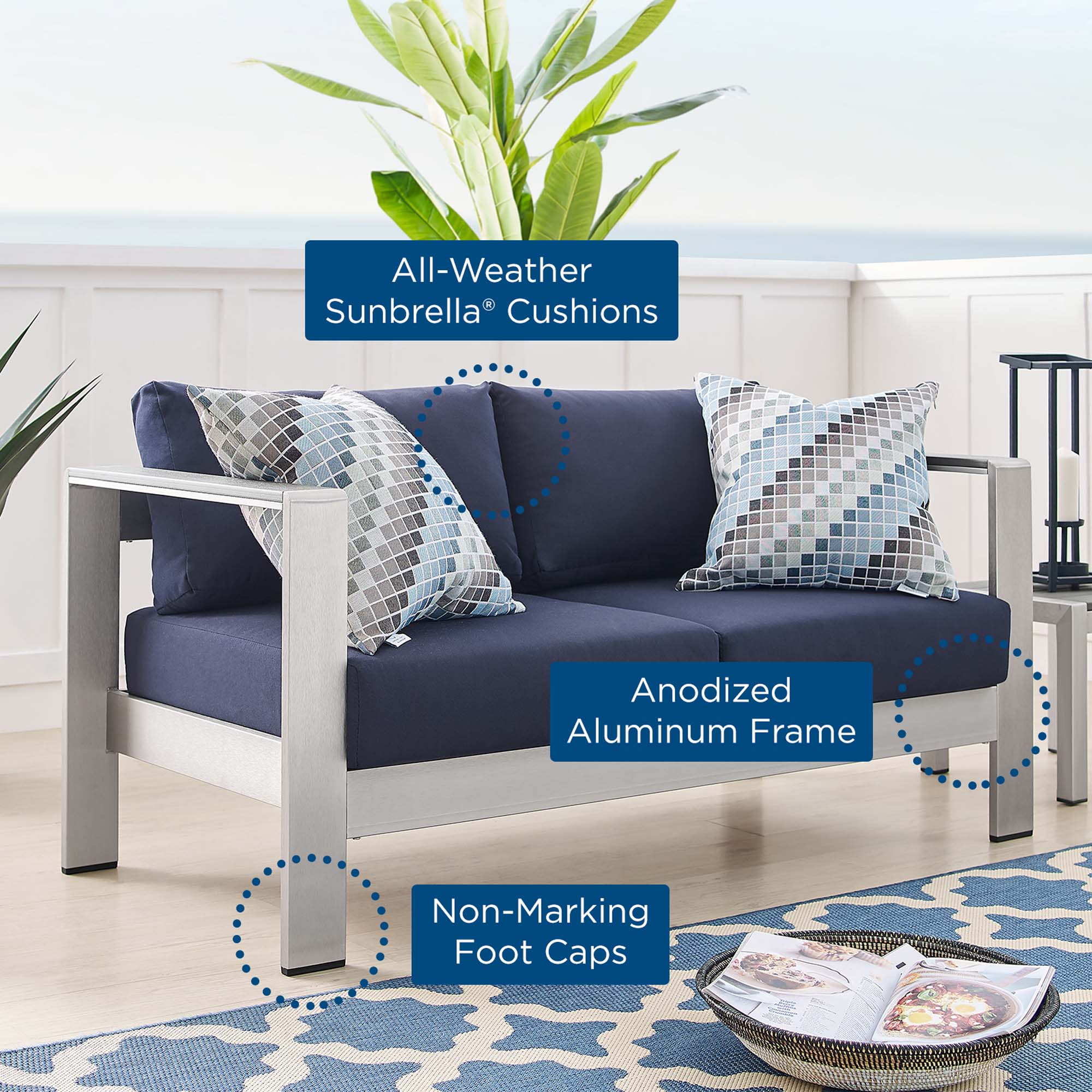 Modway Shore Sunbrella® Fabric Aluminum Outdoor Patio Loveseat