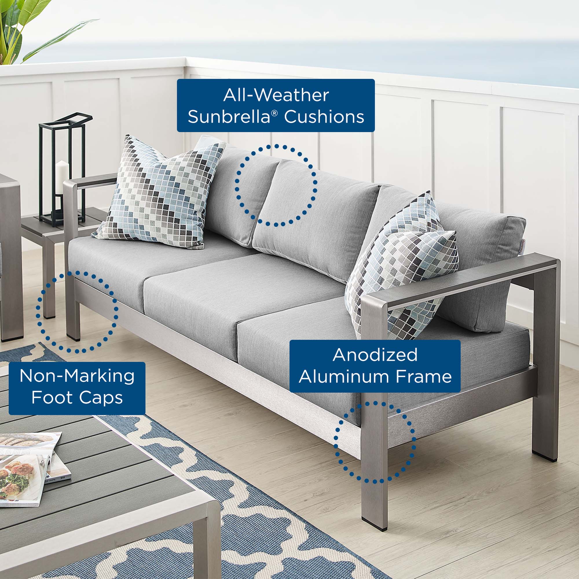 Modway Shore Sunbrella® Fabric Aluminum Outdoor Patio Sofa