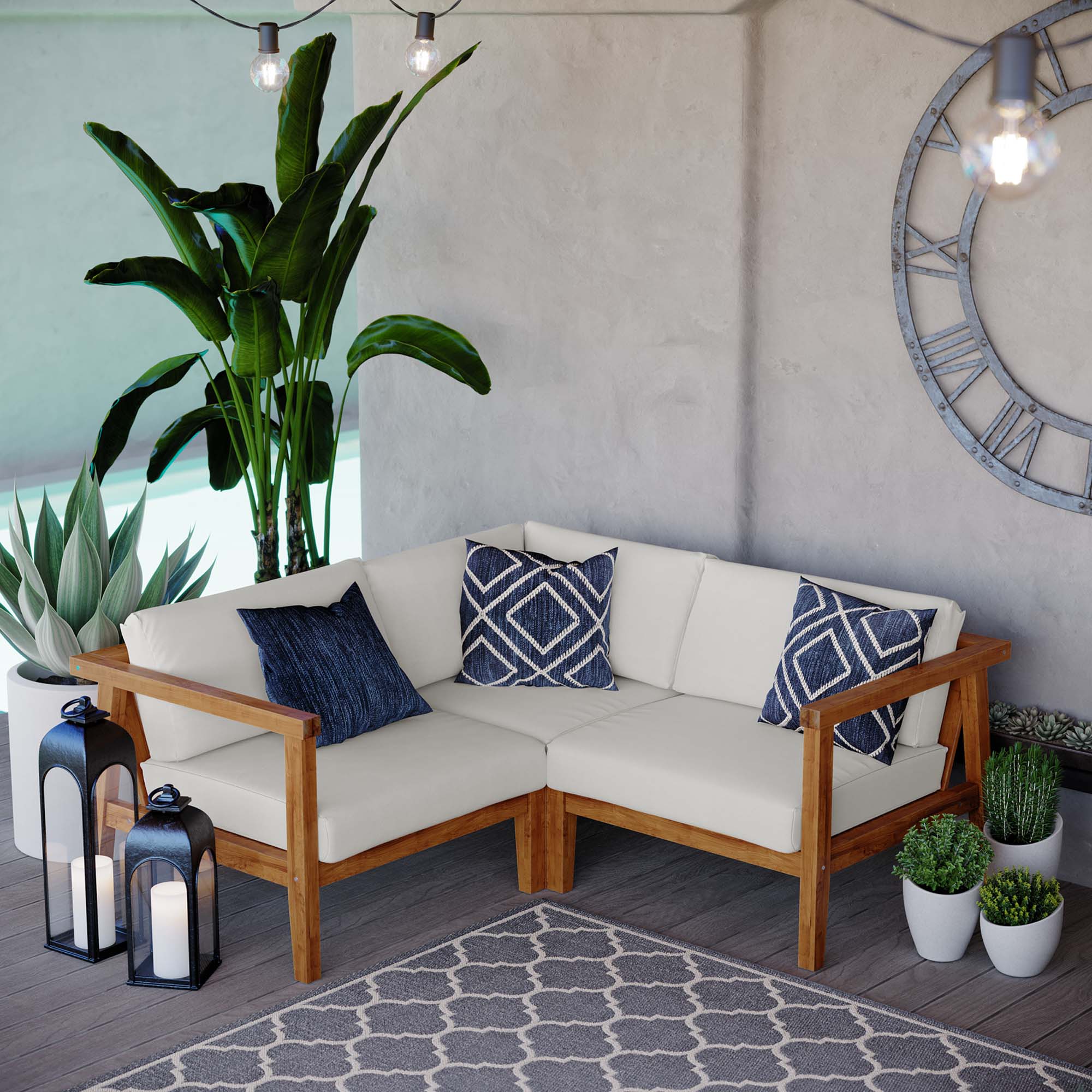 Modway Bayport 3-Piece Outdoor Patio Teak Wood Sectional Sofa Set