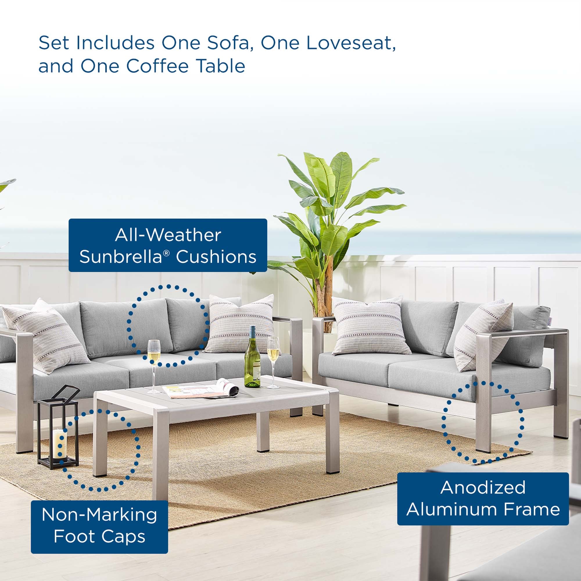 Modway Shore 3 Piece Sunbrella® Fabric Outdoor Patio Aluminum Set