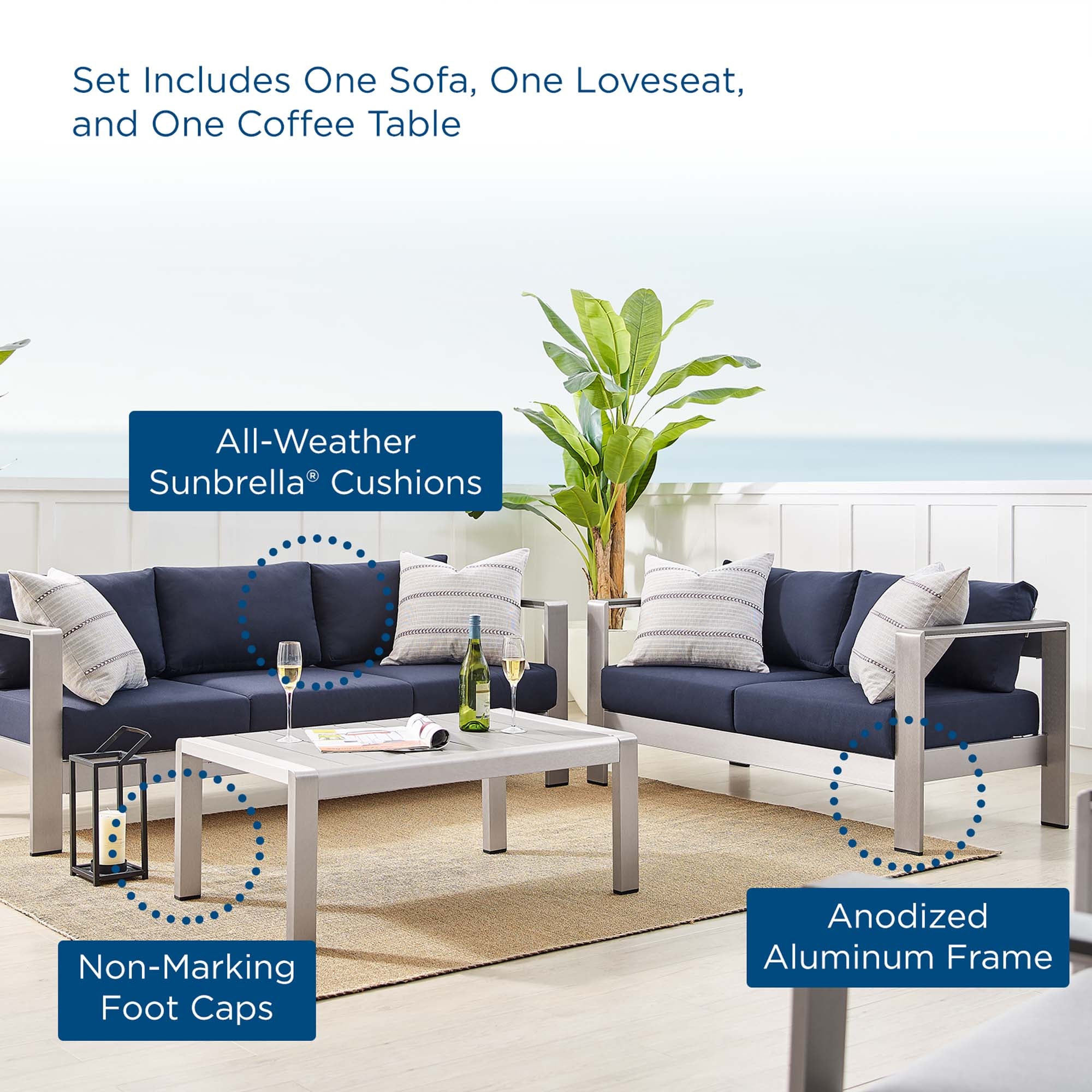 Modway Shore 3 Piece Sunbrella® Fabric Outdoor Patio Aluminum Set