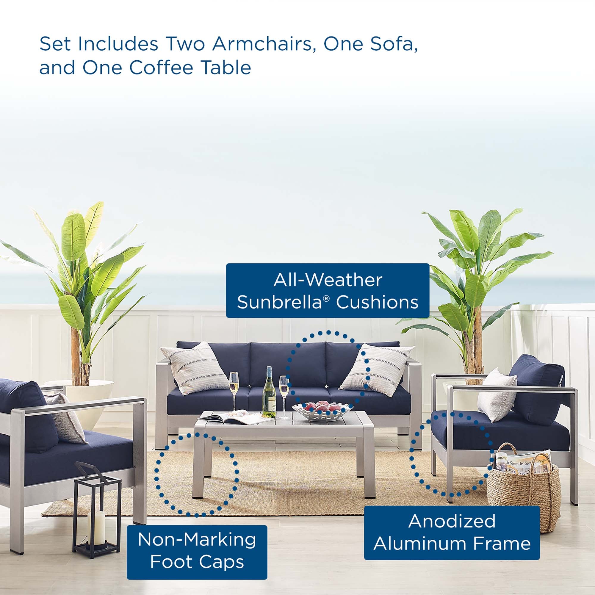 Modway Shore 4 Piece Sunbrella® Fabric Outdoor Patio Aluminum Set