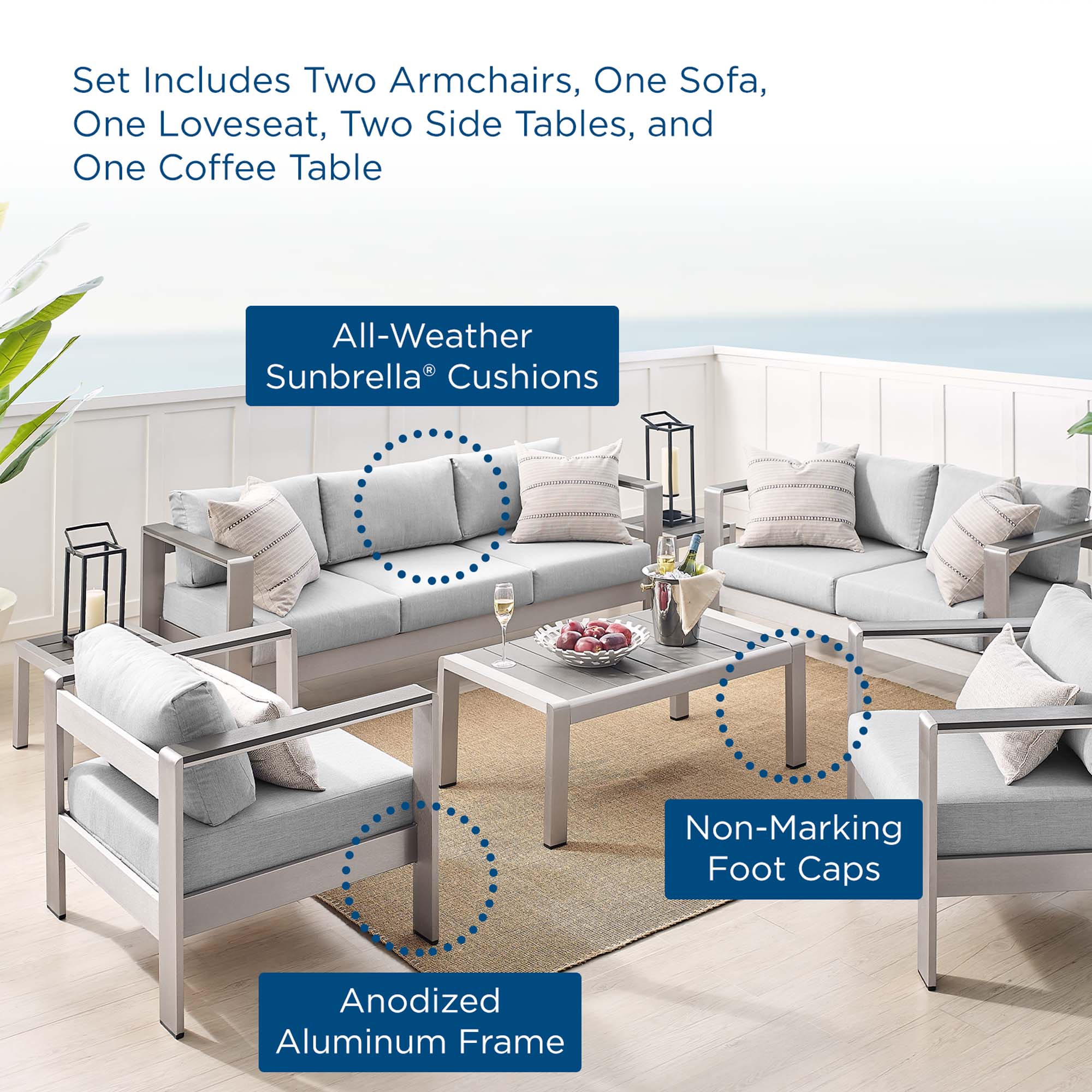 Modway Shore 7 Piece Sunbrella® Fabric Outdoor Patio Aluminum Set