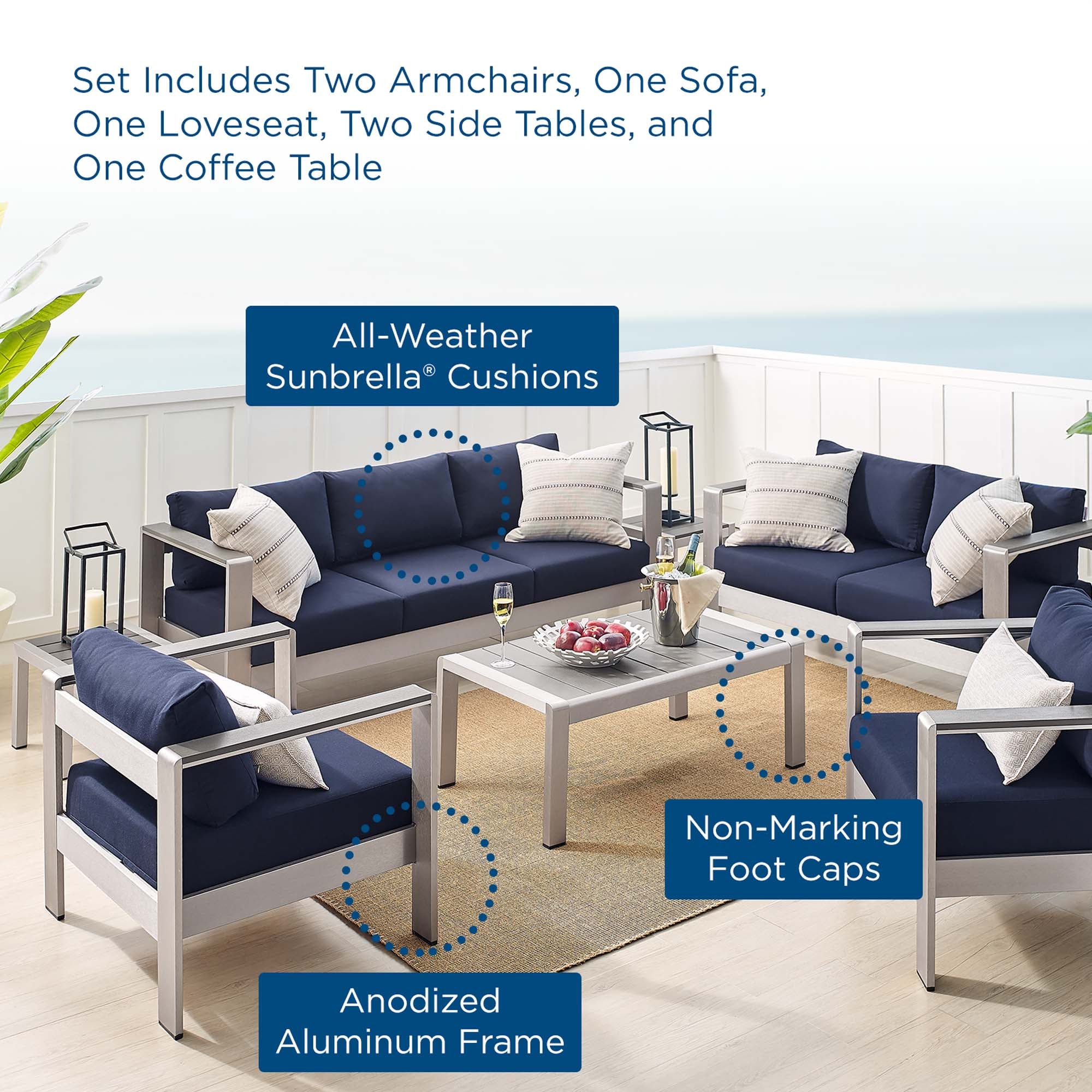 Modway Shore 7 Piece Sunbrella® Fabric Outdoor Patio Aluminum Set