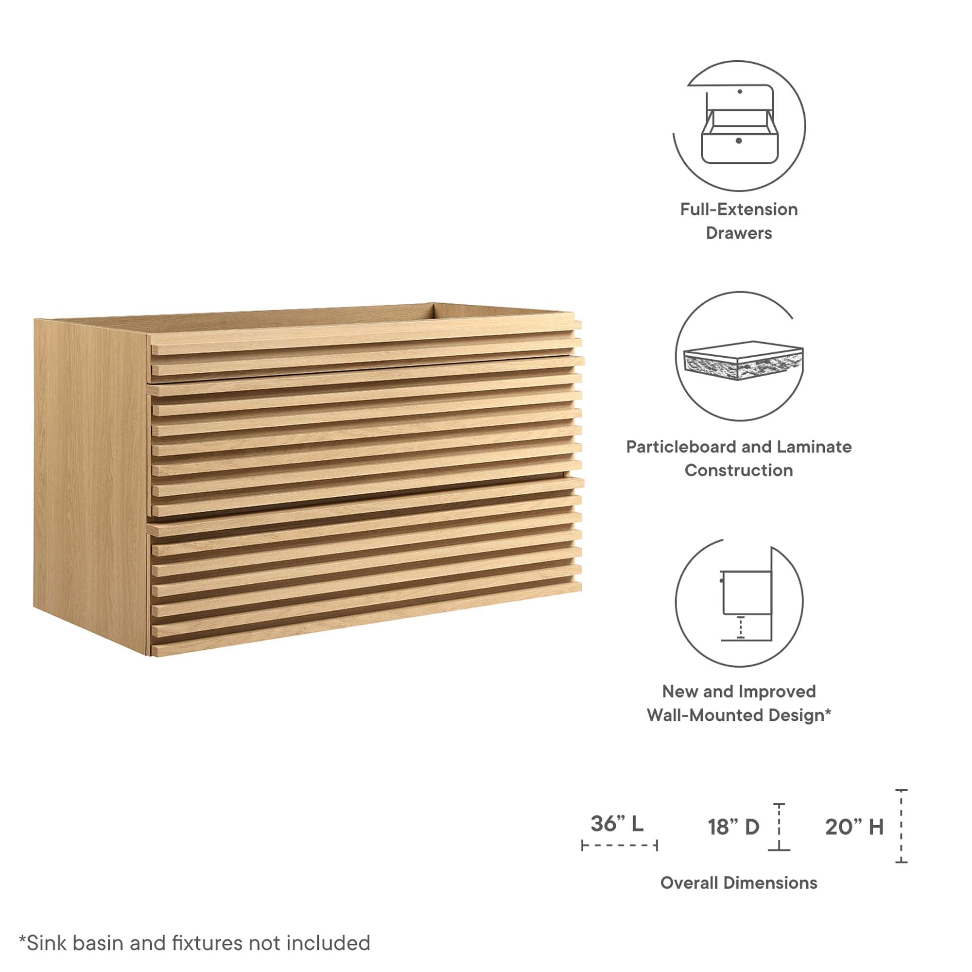 Modway Render 36" Wall-Mount Bathroom Vanity Cabinet (Sink Basin Not Included)