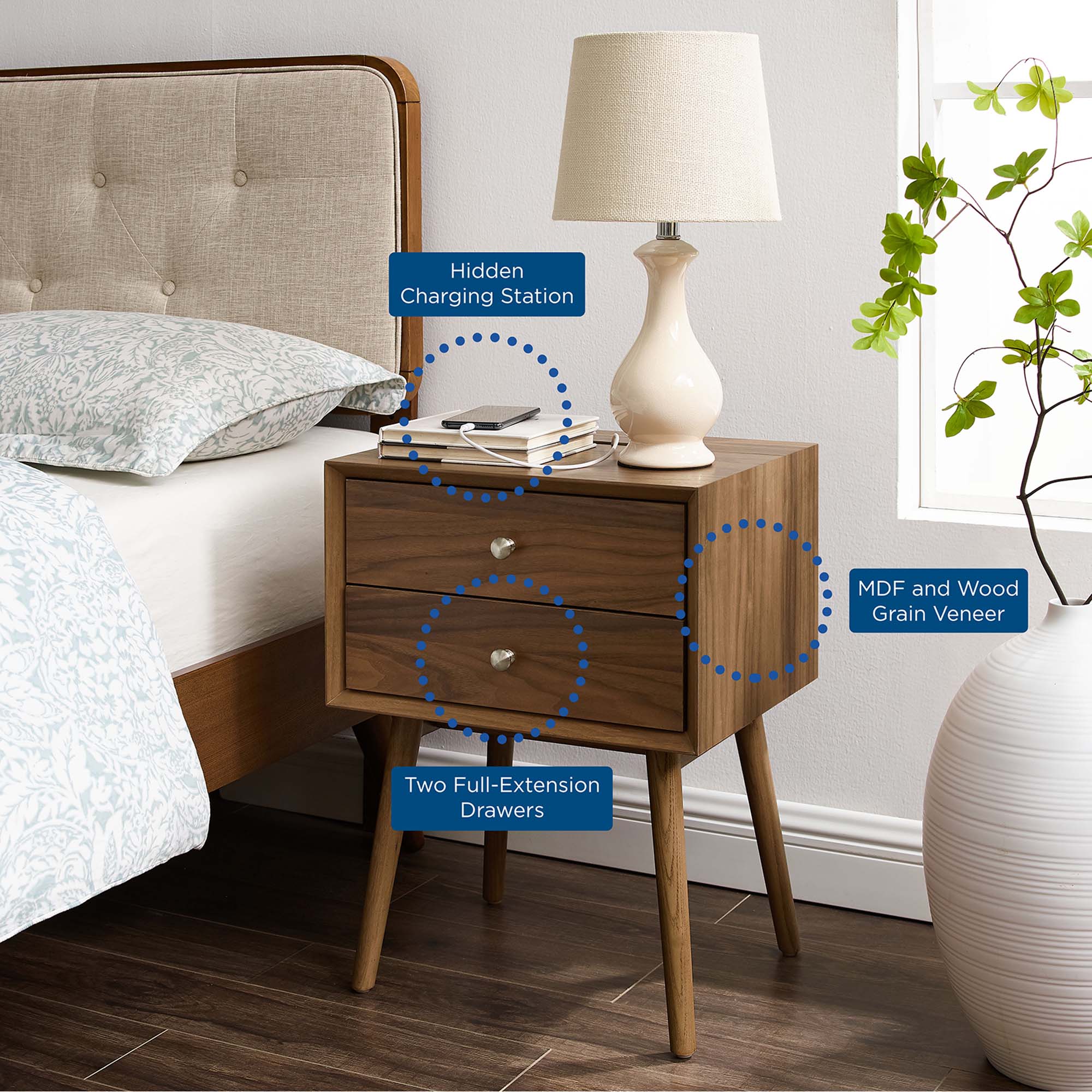 Modway Ember Wood Nightstand With USB Ports