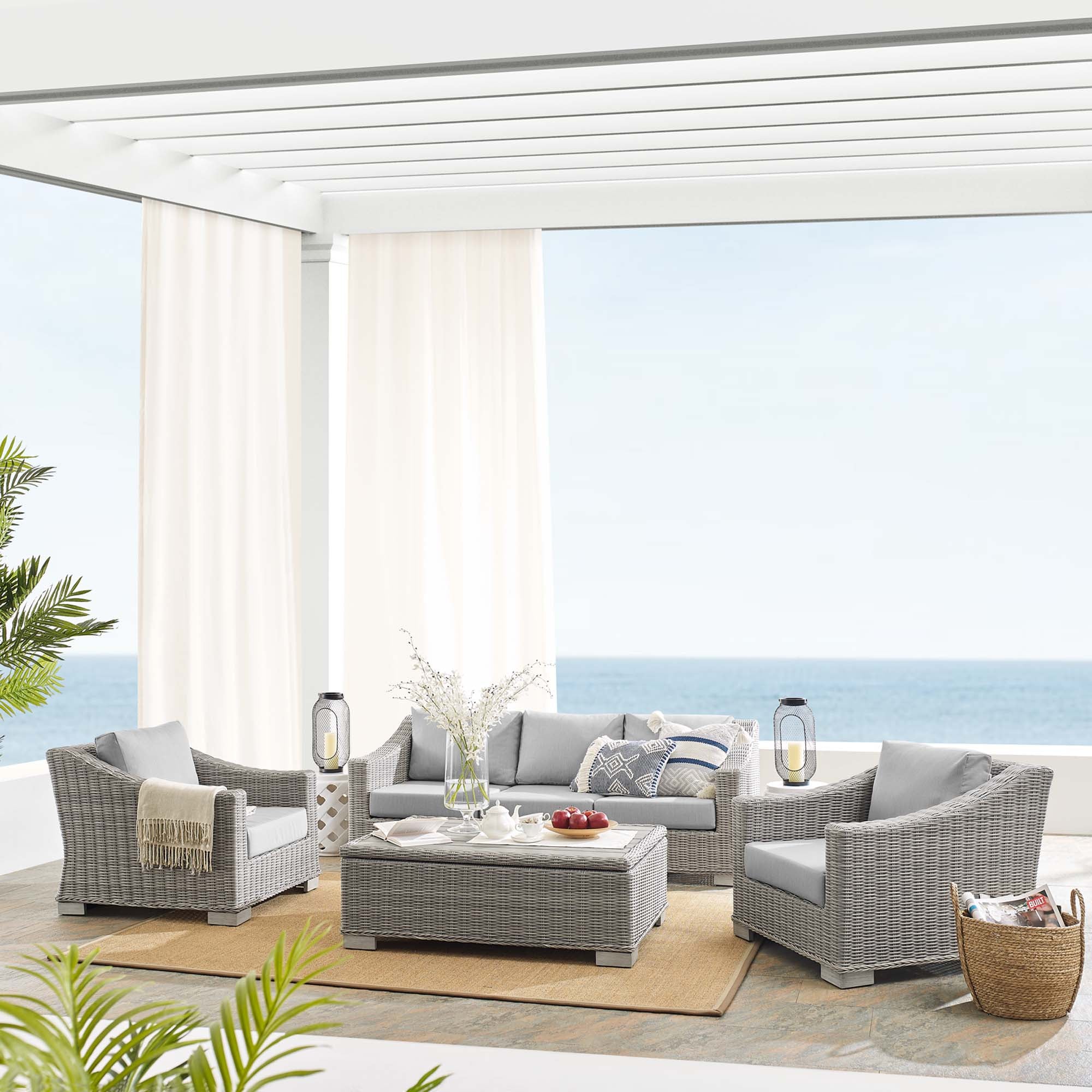 Modway Conway 4-Piece Sunbrella® Outdoor Patio Wicker Rattan Furniture Set