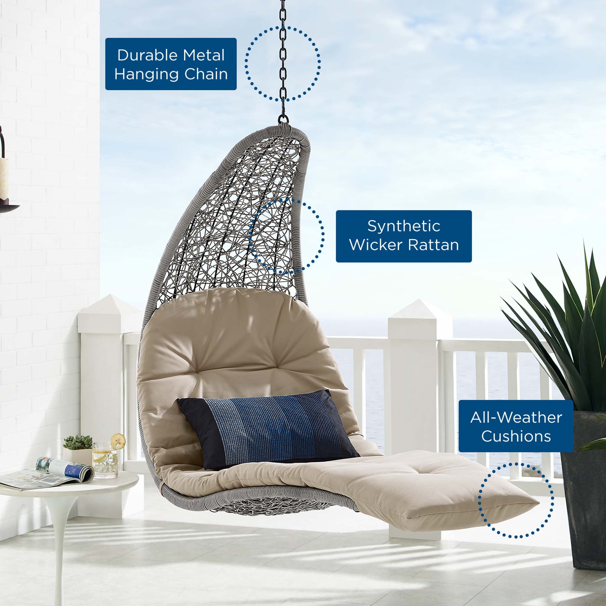 Modway Landscape Hanging Chaise Lounge Outdoor Patio Swing Chair